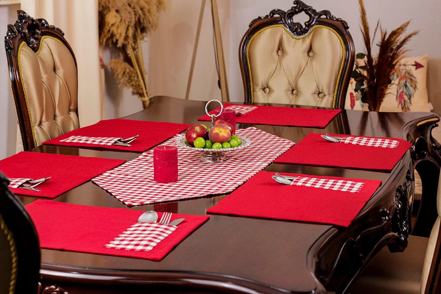 Ekershop Tischläufer und 6 Platz-Matten Set Tischset Platzset Platzdecken Rot Kariert (Kariert)