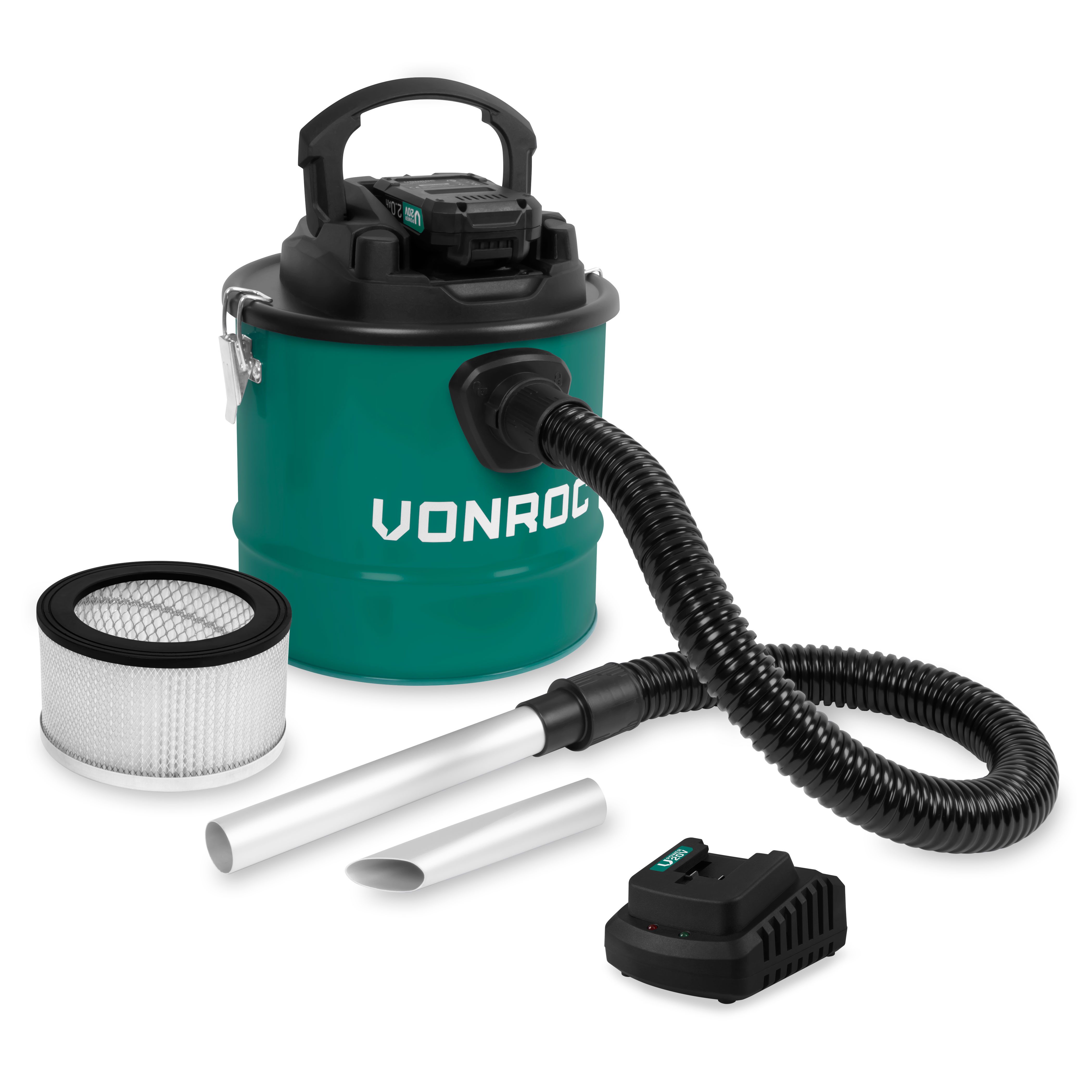 VONROC Aschesauger - VPower 20V Akku-Sauger, 12L Tank - HEPA Filter, beutellos, Inkl. 2.0AH Akku und Schnellladegerät