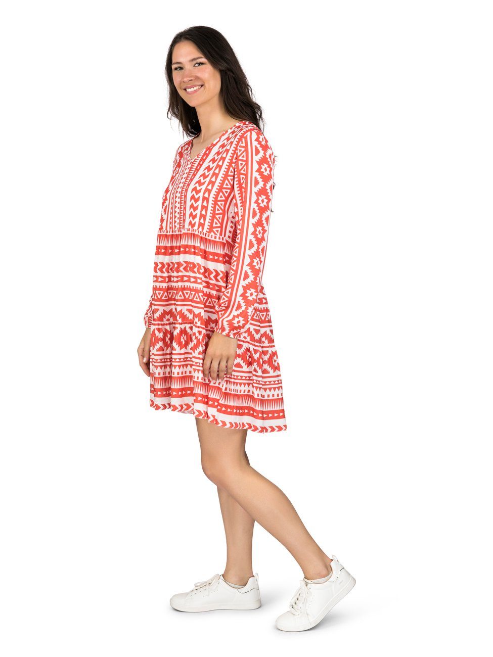 DENIMFY Sommerkleid Damen Kleid DFIda A-Linie langarm Freizeitkleid mit V-Ausschnitt aus 100% Viskose