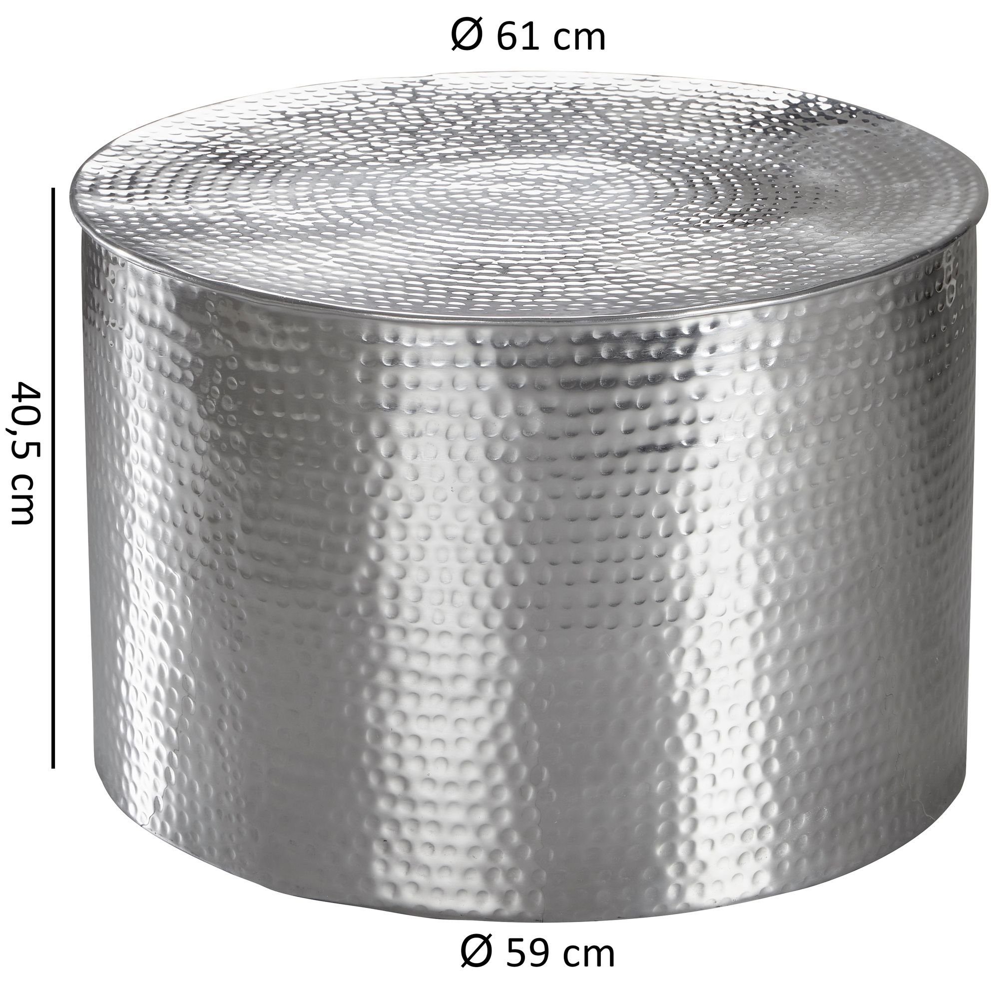Wohnling Couchtisch WL5.481 Silber Kleiner Wohnzimmertisch, Hammerschlag Orientalisch Rund), cm Sofatisch (61x40,5x61 Aluminium