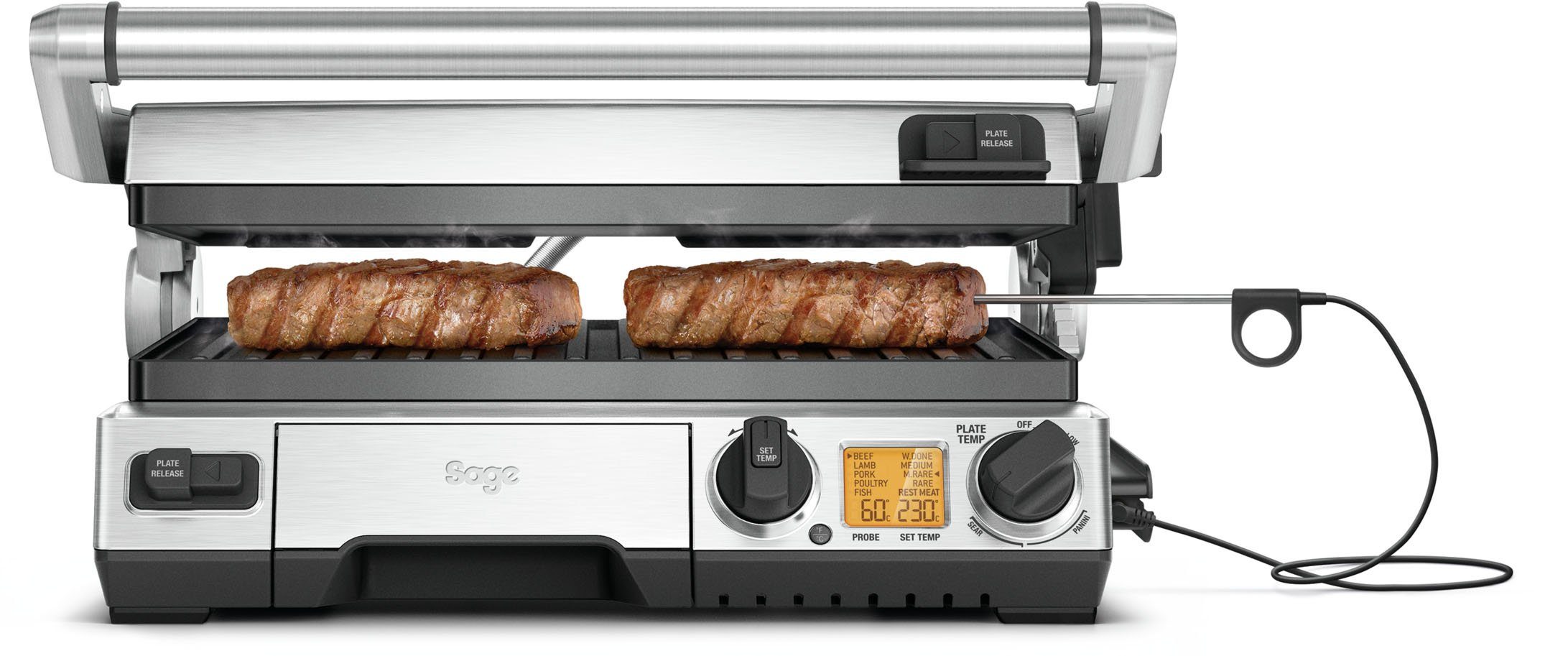 Sage Kontaktgrill the Smart Grill Pro, BGR840BSS, 2400 W, antihaftbeschichtete und geneigte Grillfläche