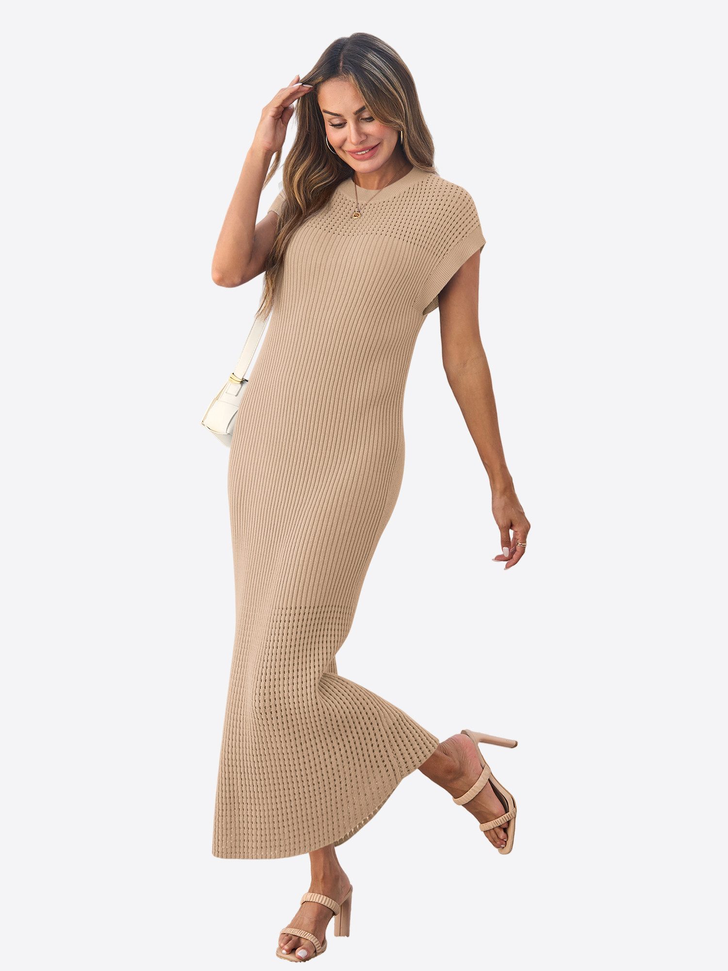Imily Bela Strickkleid Damen mit Kurzarm und Rundhals Casual (Packung, 1-tlg., 1per-Pack) in Unifarbe mit Lochmustern und Rippstrick – Bild 4 von 5