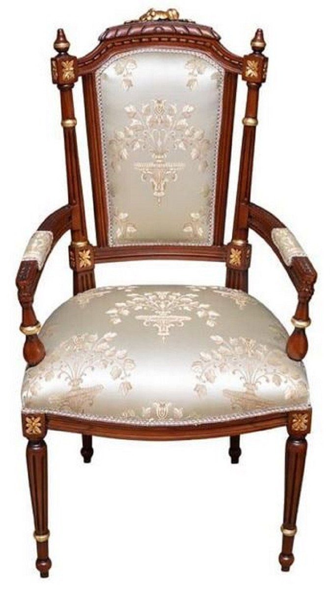 Casa Padrino Esszimmerstuhl Barock Esszimmerstuhl Cremefarben / Braun / Gold - Handgefertigter Antik Stil Stuhl mit Armlehnen - Esszimmer Möbel im Barockstil