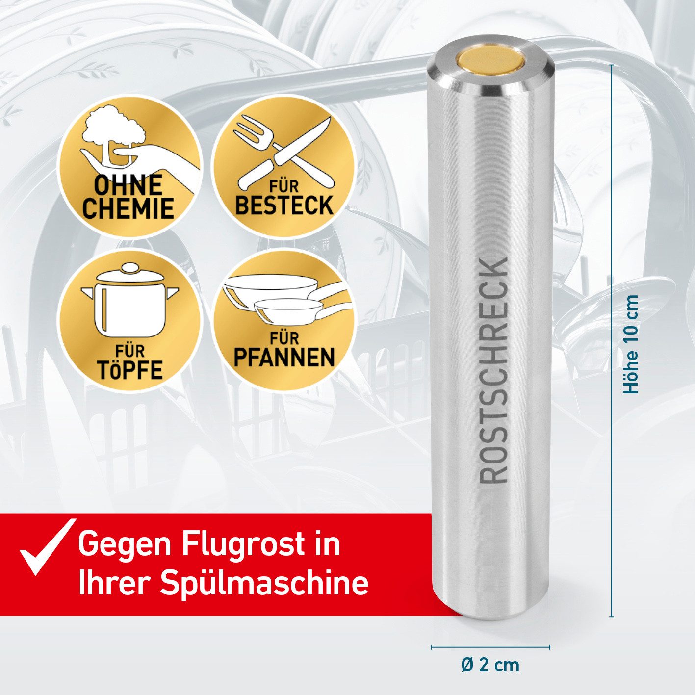 Rokitta's Rostschreck Geschirrspüleinsatz verhindert Rostflecken auf Geschirr & Besteck, nie wieder braune Flecken! Ohne Chemie - umweltfreundlich