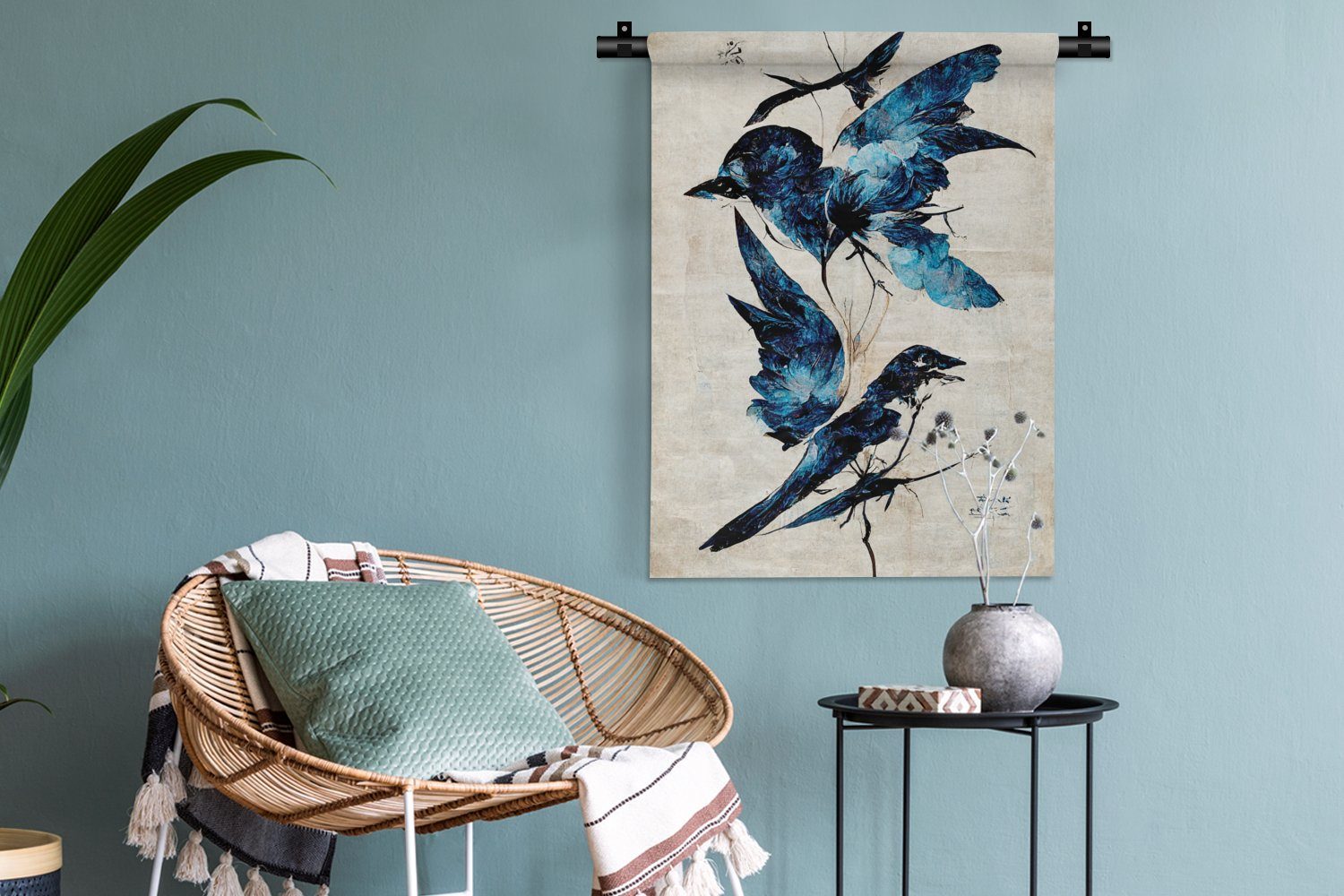 - Vögel Wanddekoobjekt - MuchoWow Deko der Wohnzimmer, Tiere Blau Wand, Tapisserie, - Schlafzimmer an für Vintage,