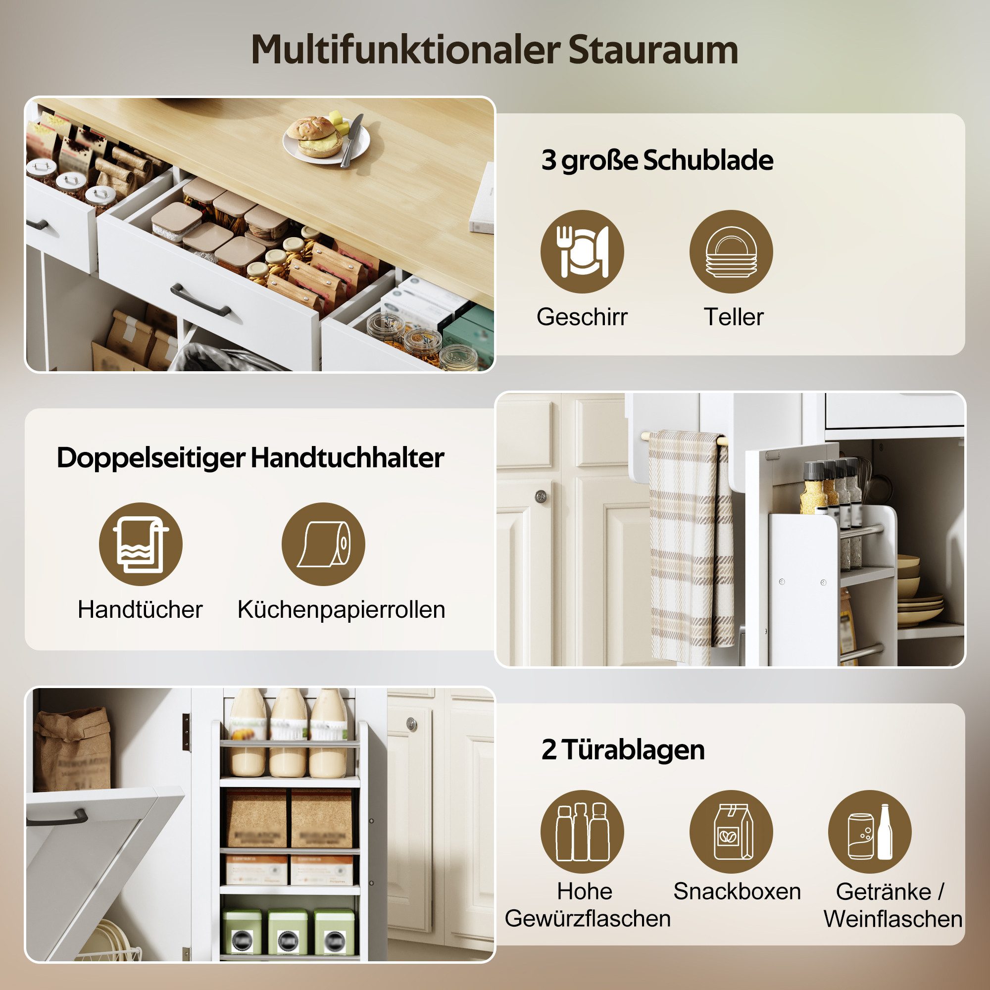 FANNOU Kücheninsel mit klappbarer Arbeitsplatte, Küchenwagen, Mülleimerschrank, 120×45/70×87cm, Buffetschrank mit Gewürzregal, Schublade und Rollen