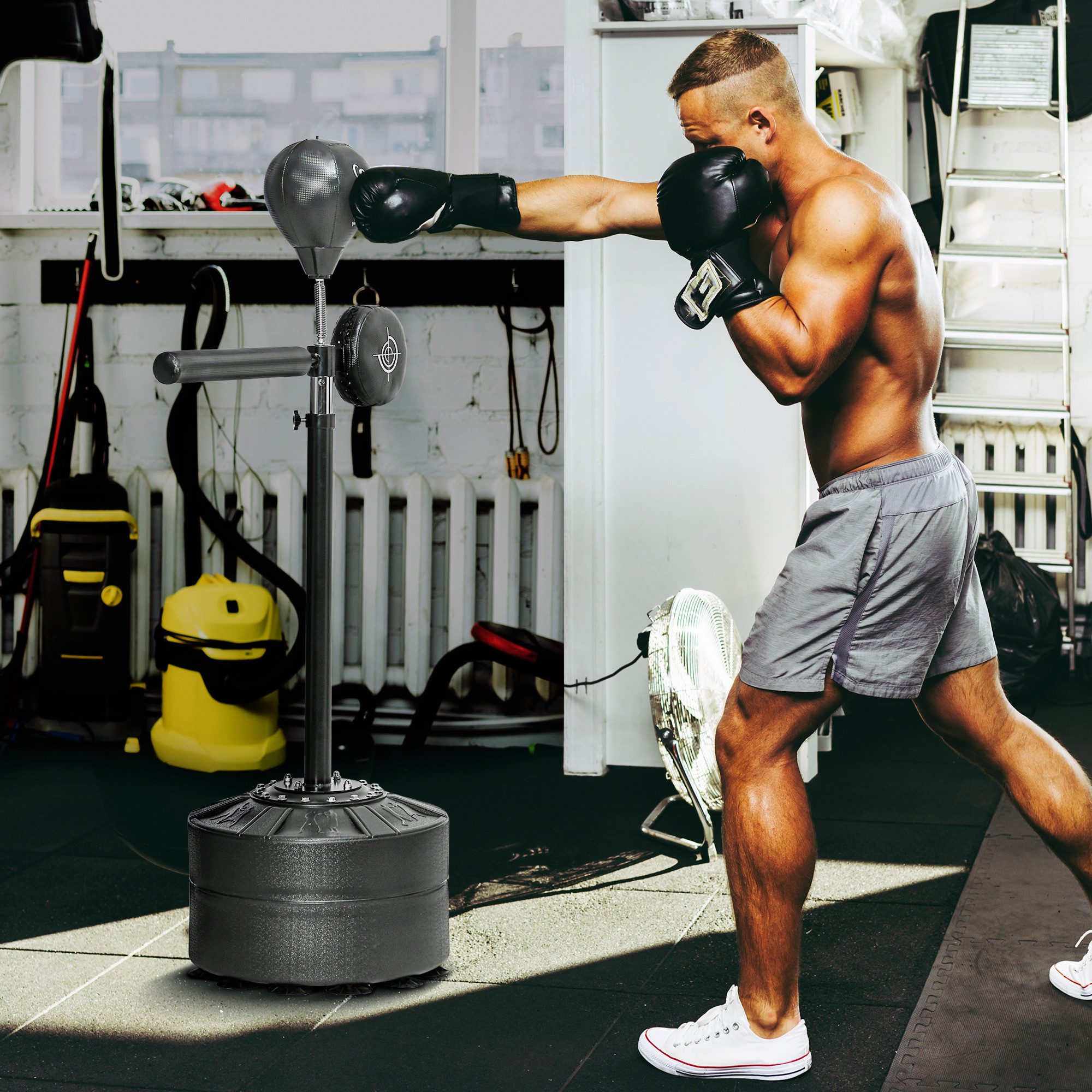SPORTNOW Standboxsack mit Punchingball, Reflexstange, 1,63-2,05 m höhenverstellbar (Boxständer, 1-tlg., Boxsack), mit Pratze, Standboxtrainer für Boxing, HDPE, Kunstleder