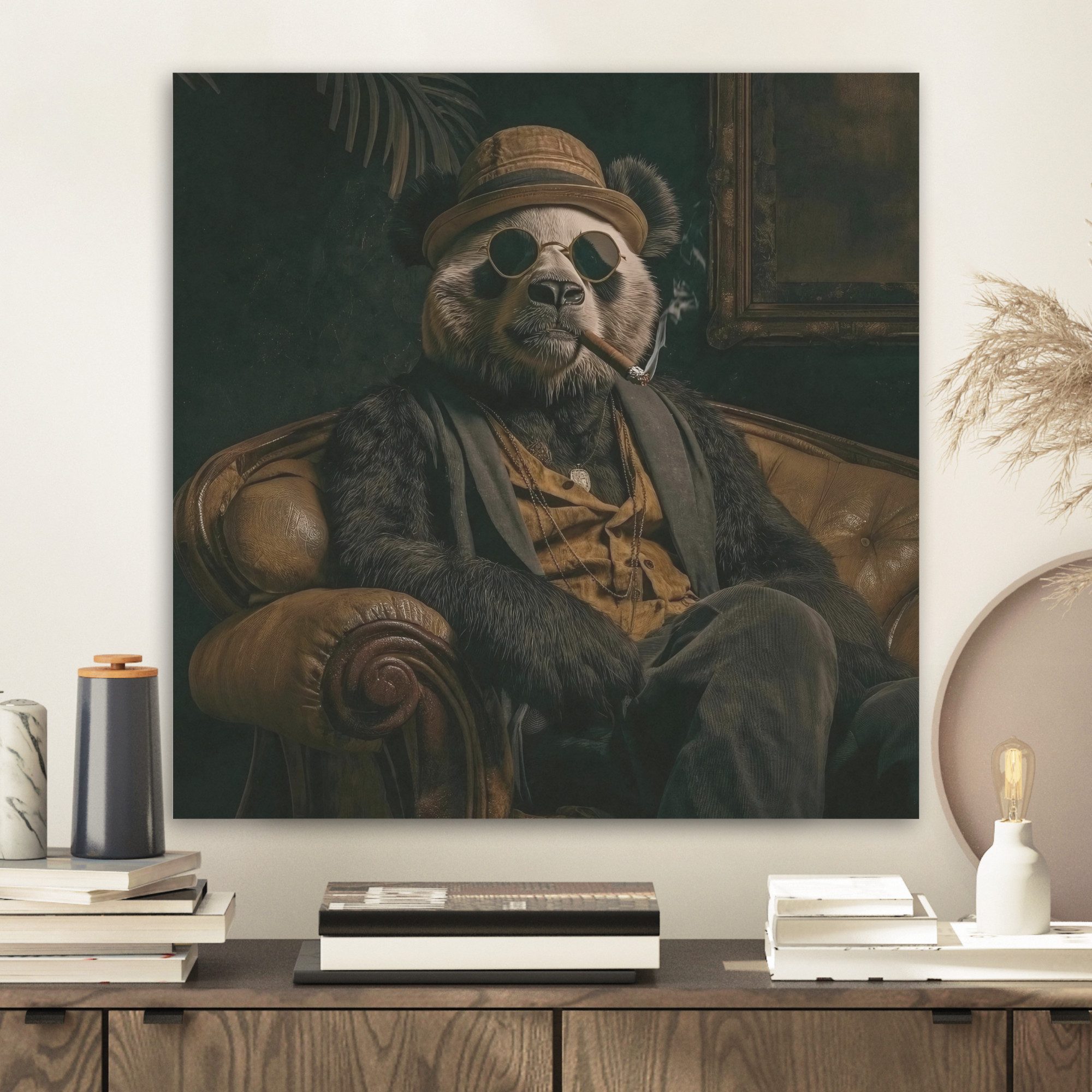 MuchoWow Gemälde Panda - Hut - Brille - Anzug, Fotodruck (1 St), Akustikbilder PET-Filz, Wandpaneele, Akustikpaneele 40x40 cm