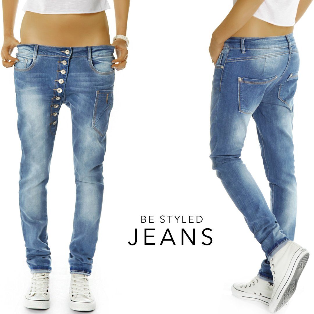 Knopfleiste, be Damenhosen Tapered-fit-Jeans röhriger Baggy mit Schnitt j02kw asymetrischer styled
