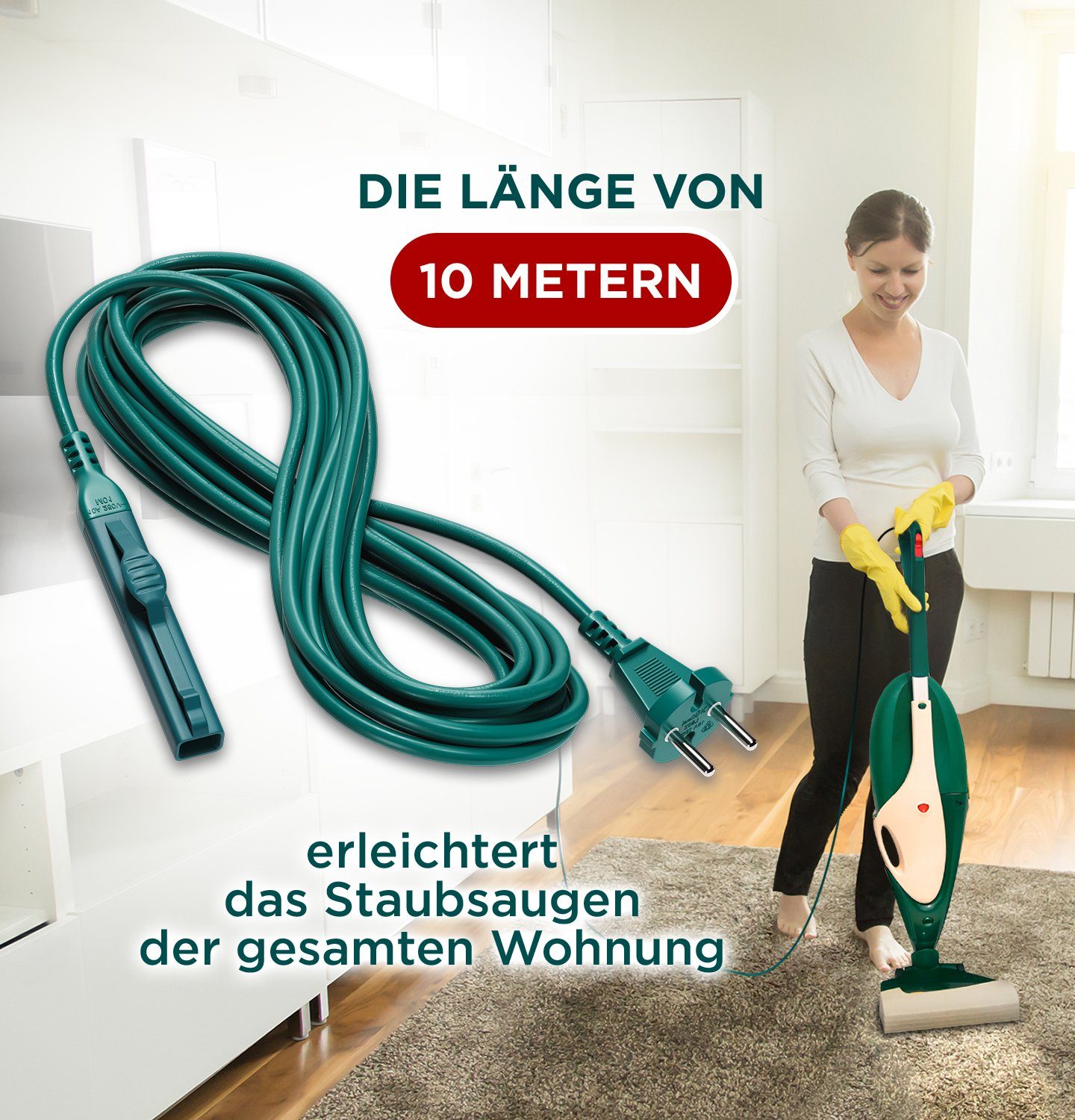 VIOKS Elektrokabel Ersatz / Vorwerk VK140 VK141 VK150 für 10m Handstaubsauger / Kobold Netzkabel, für