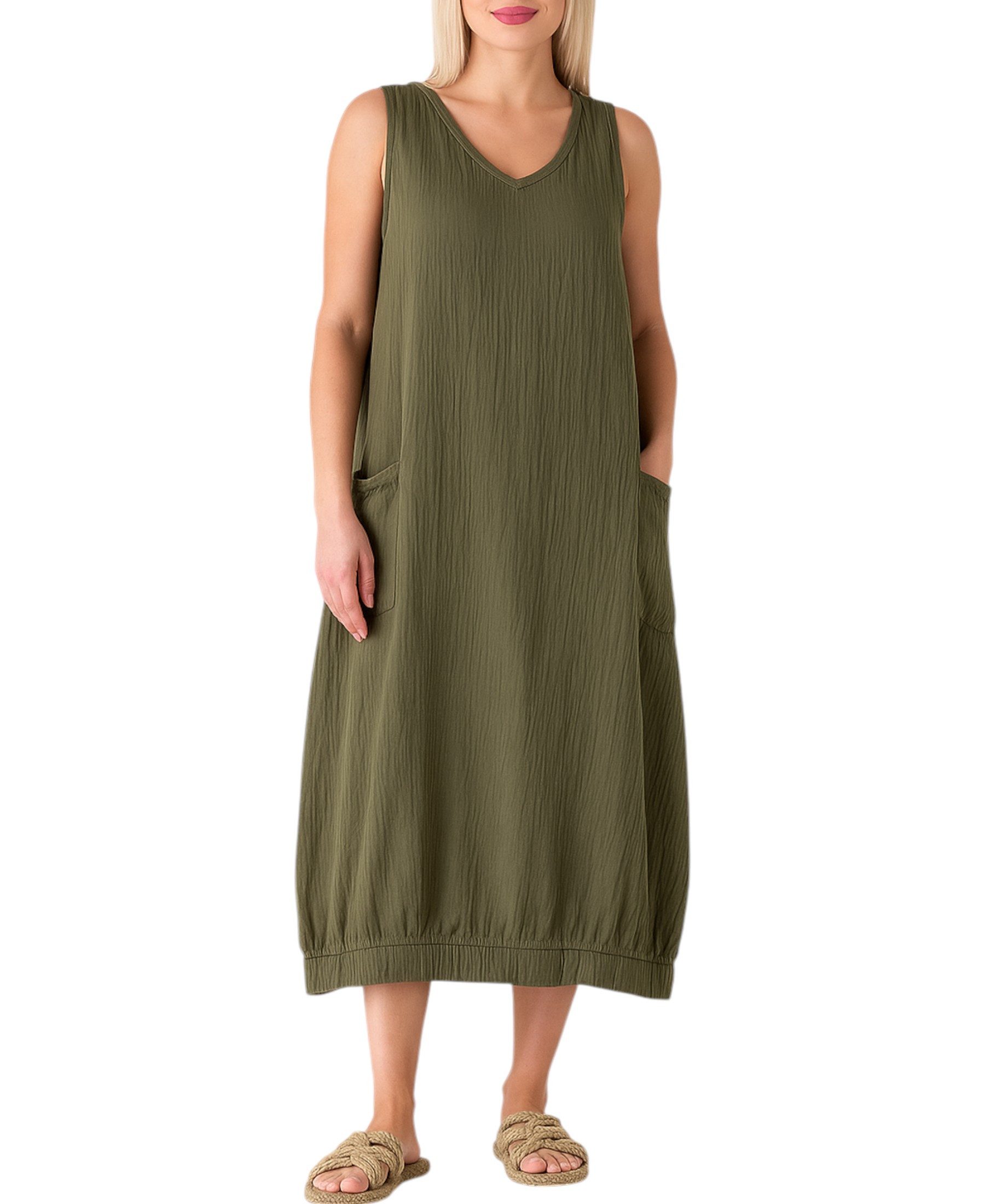 WENOR Sommerkleid Damen Musselin Strandkleid ärmellos 100 % Baumwolle mit Taschen Ballon-Saum, große Taschen, Einheitsgröße