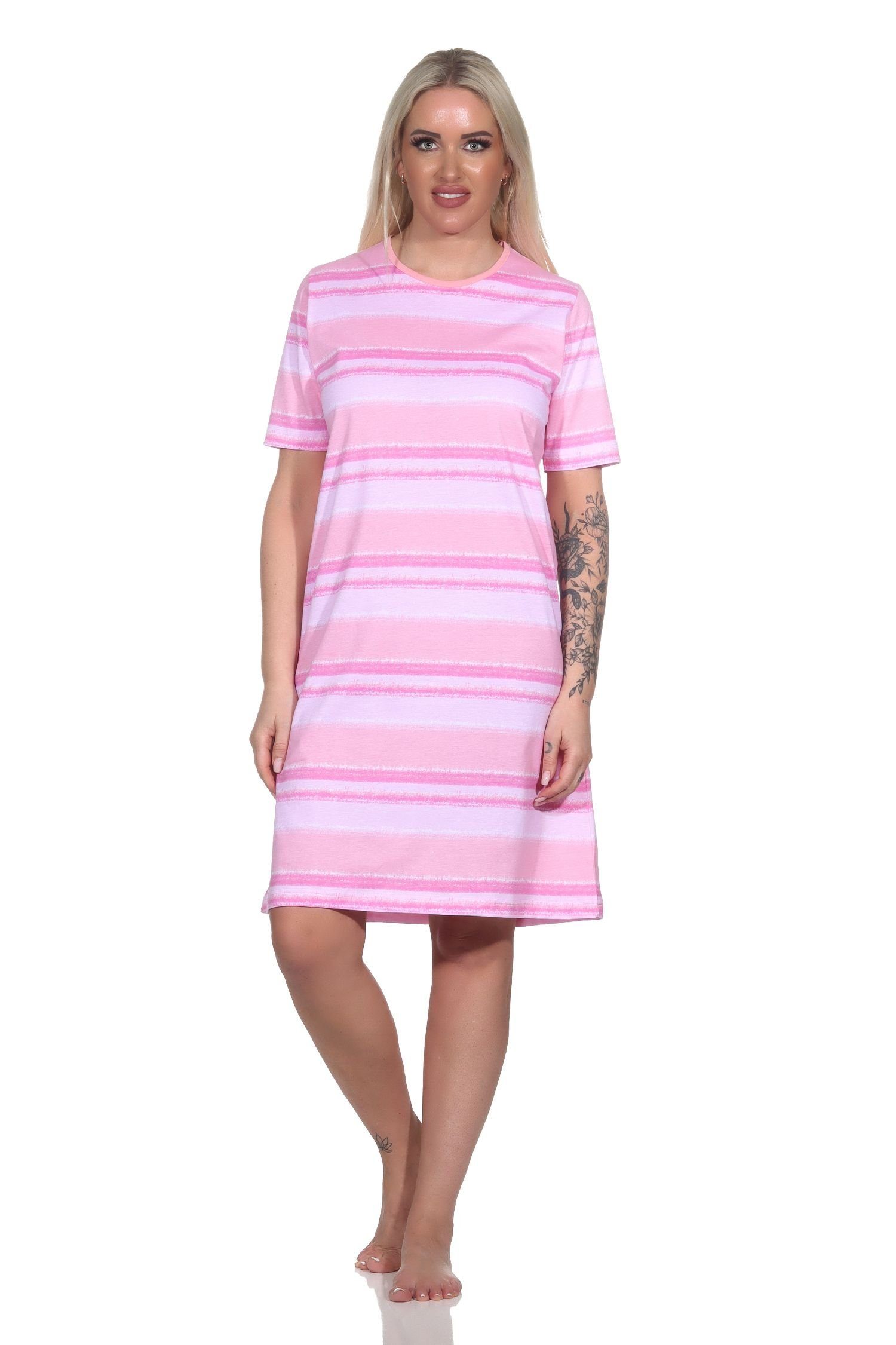 Normann Nachthemd Damen kurzarm Nachthemd im farbenfrohen Streifen Look rosa