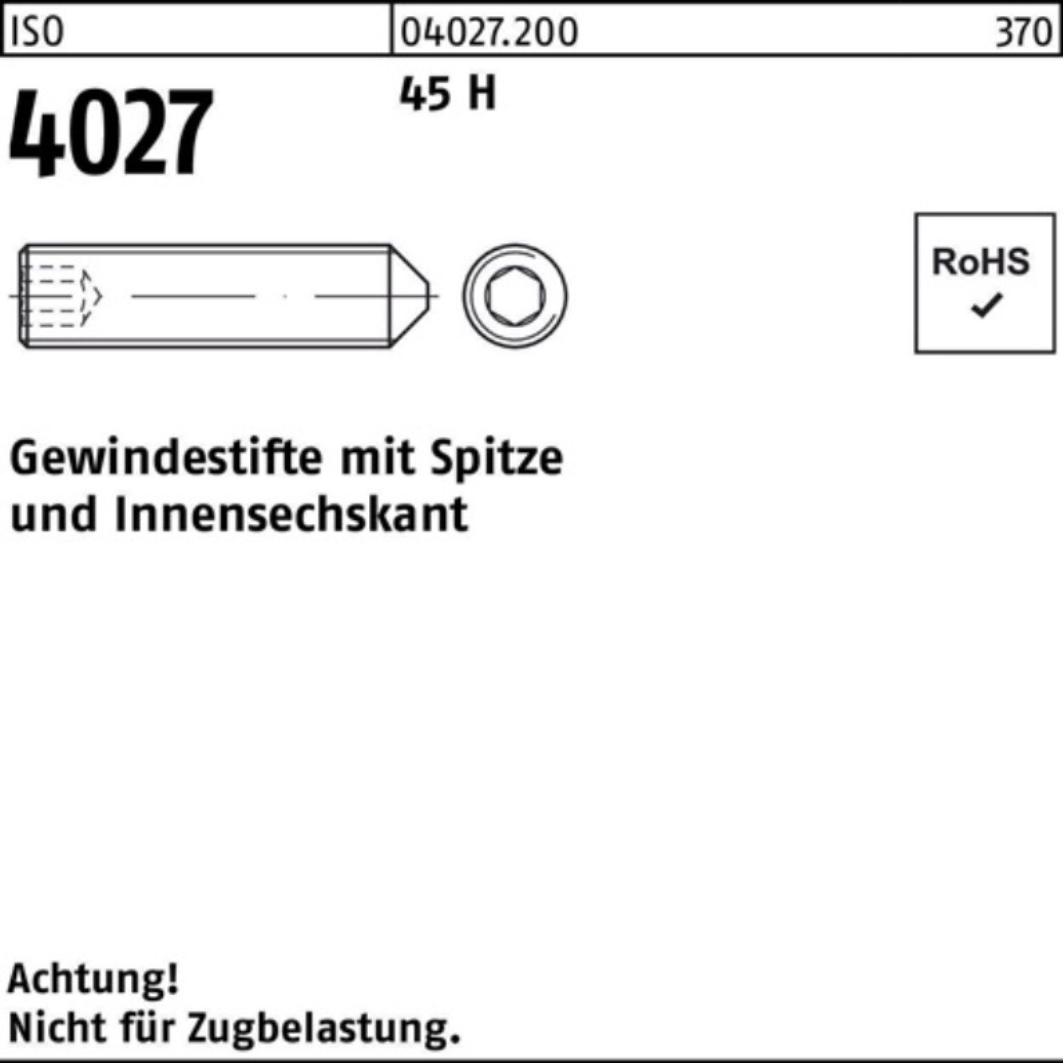 Reyher 45 H 200 Stü Pack 40 4027 M6x Gewindebolzen ISO Gewindestift 200er Spitze/Innen-6kt