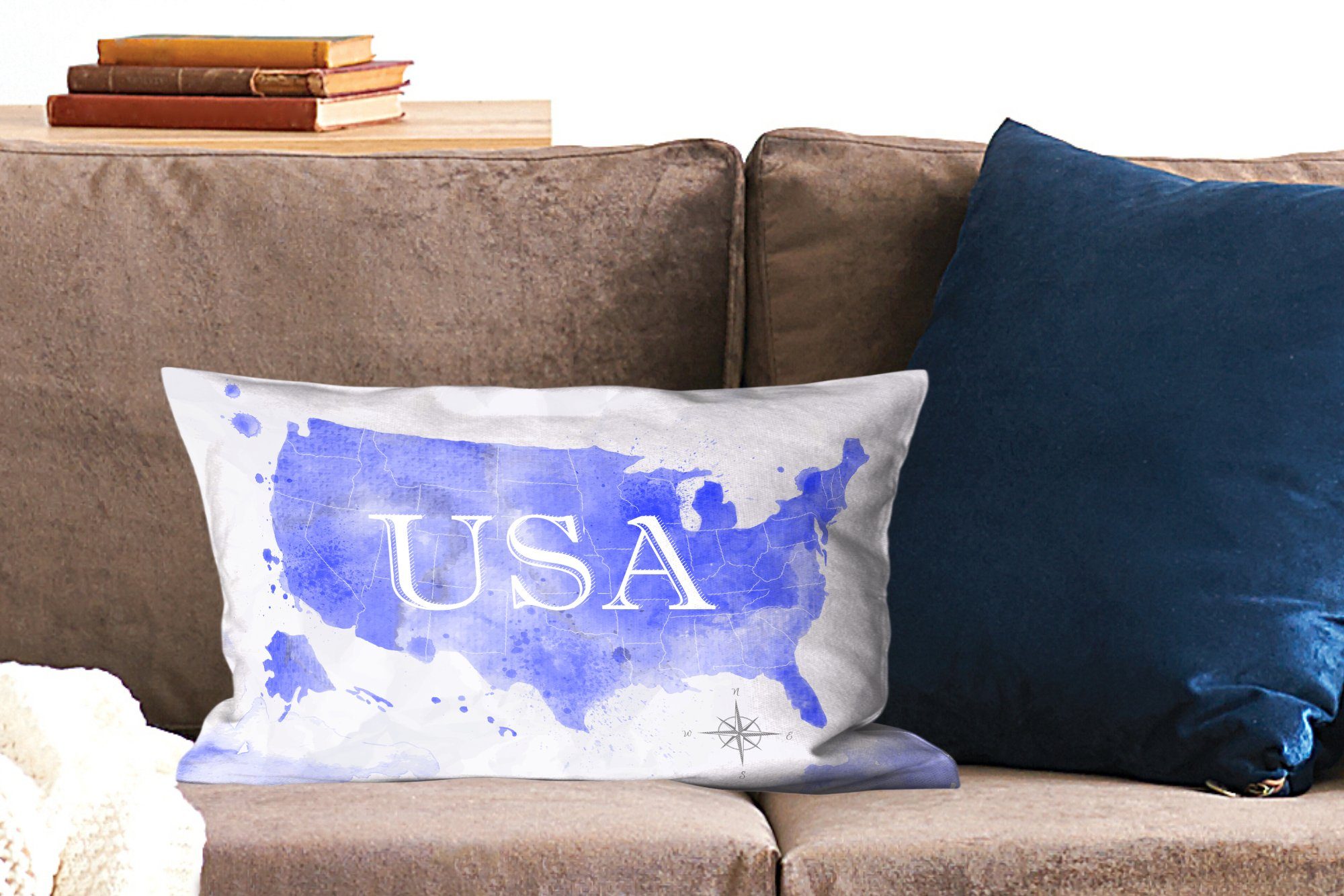 MuchoWow Dekokissen Vereinigte Staaten - Füllung, Blau - Schlafzimmer Zierkissen, Wohzimmer mit Dekoration, Dekokissen Weltkarte