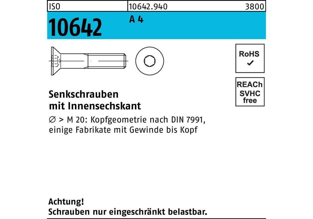 ISO M 90 x Innensechskant Senkschraube Senkschraube 8 10642 A 4