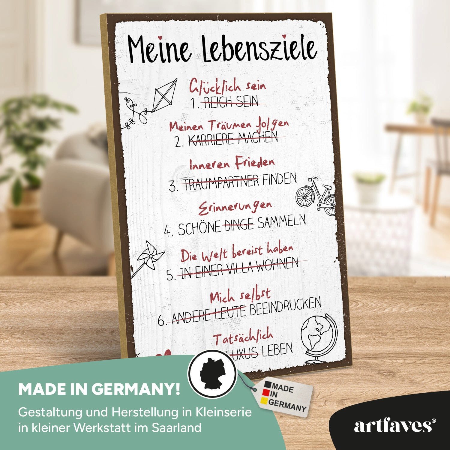 ARTFAVES Holzbild Schild mit Spruch - MEINE LEBENSZIELE - Glücklichsein, Achtsamkeit