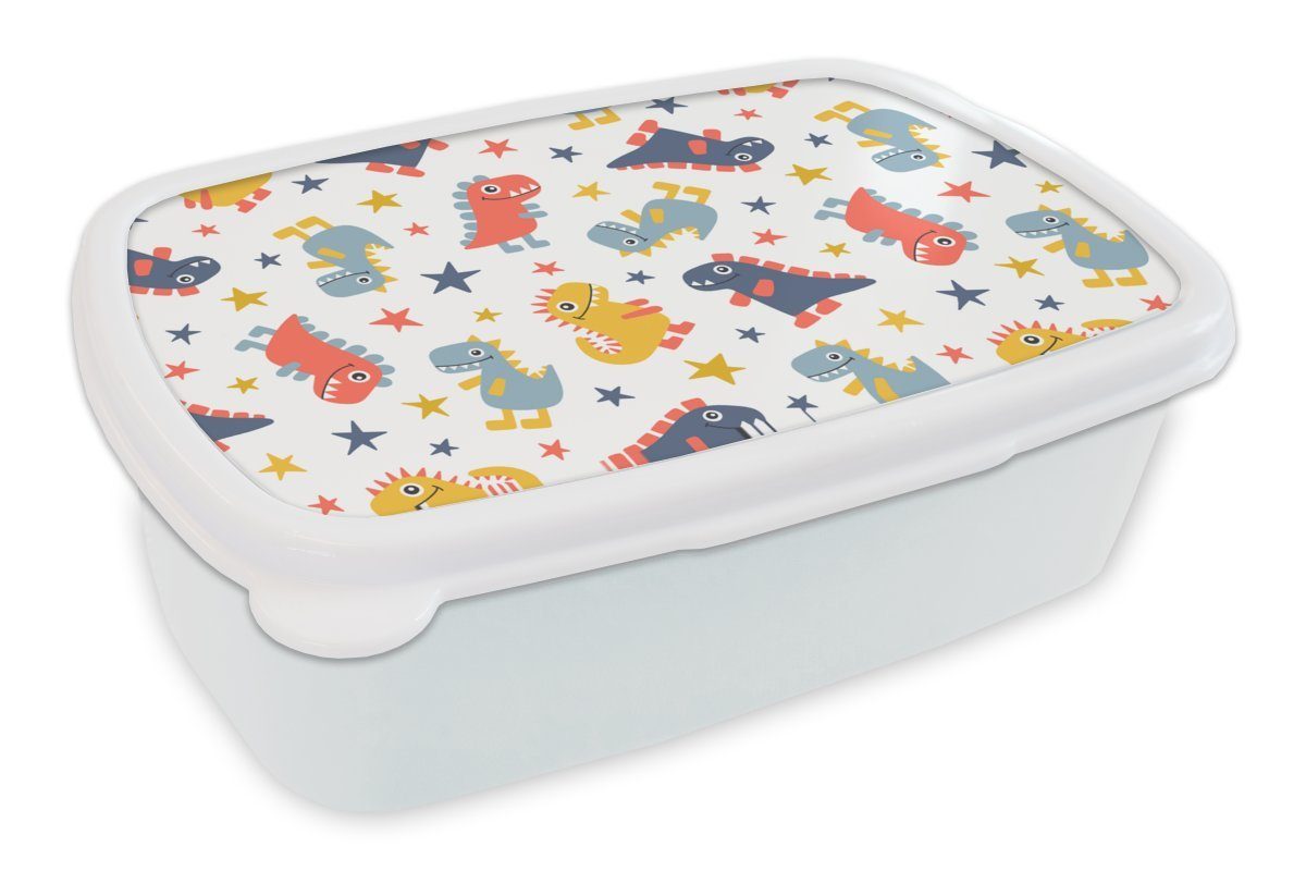 MuchoWow Lunchbox Muster - Dino - Sterne - Jungen - Baby - Kinder - Kinder, Kunststoff, (2-tlg), Brotbox für Kinder und Erwachsene, Brotdose, für Jungs und Mädchen weiß