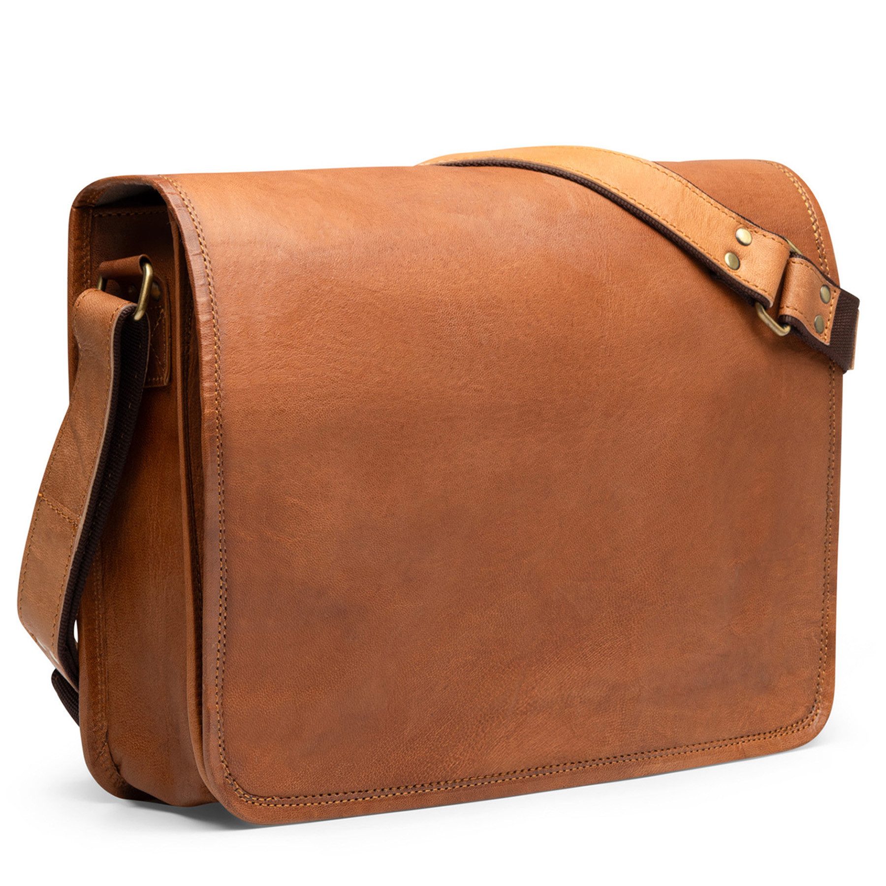 SID & VAIN Messenger Bag SPENCER groß Laptop-Tasche 15 Zoll echt Leder, Umhaengetasche Laptop Fach Herren Damen Schultertasche braun