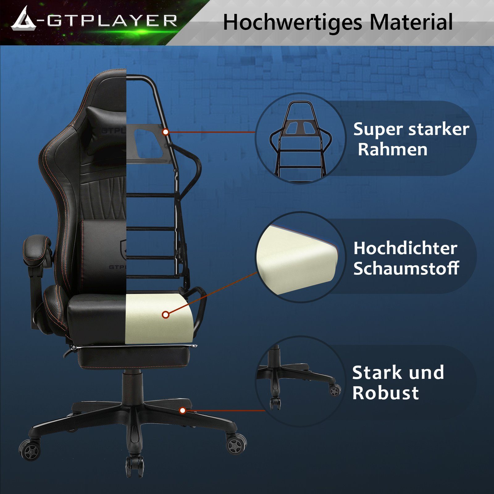 GTPLAYER Gaming-Stuhl ergonomischer Bürostuhl mit HIFI Stereo Lautsprecher, Verbindungsarmlehen beeindrukende Klang-atmosphäre