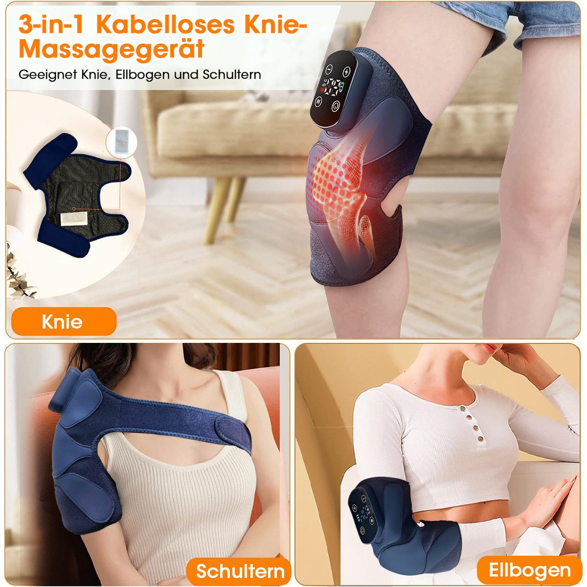 FOSMET Massagegerät 2025 NEW Kniemassagegerät mit Wärme,3-in-1 Multifunktions Massagegerät, 5 Graphene Heizung Ebenen und 3 Vibration Modi,beheizte Knie Brace, Mit 5000mAh Akku, 3-in-1 Kabelloses Knie-Massagegerät für Knie, Ellbogen und Schultern