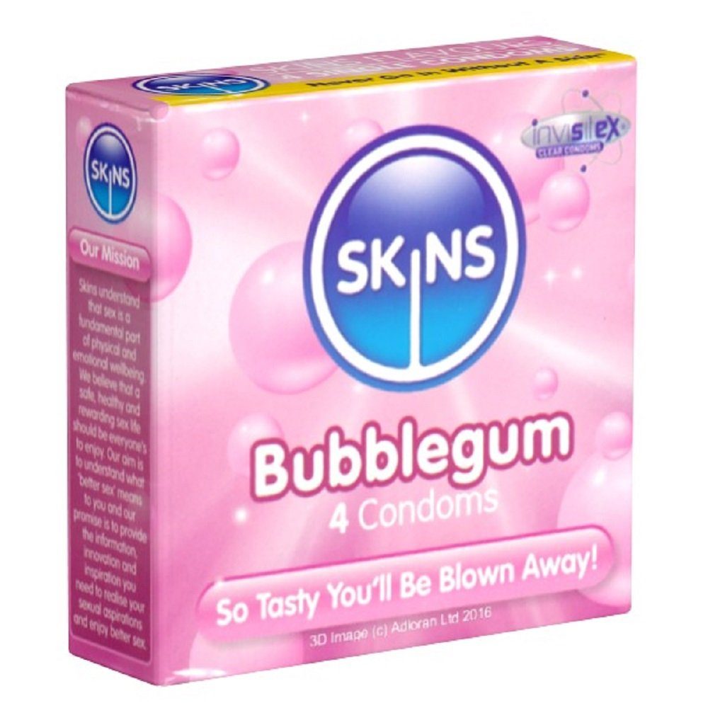 Oberfläche, (kristallklar), Kondome an Me Kondome samtweiche Blow leckere St., Bubblegum, Kaugummi-Aroma, 4 durchsichtiges mit, Latexgeruch SKINS wie Packung Latex kein fühlt Condoms mit "echt", sich