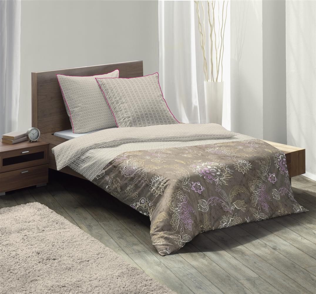 fleuresse Bettwäsche Fleuresse Mako-Satin Bettwäsche 155x220 Gräser Blumen beige Wende, Mako-Satin, 2 teilig