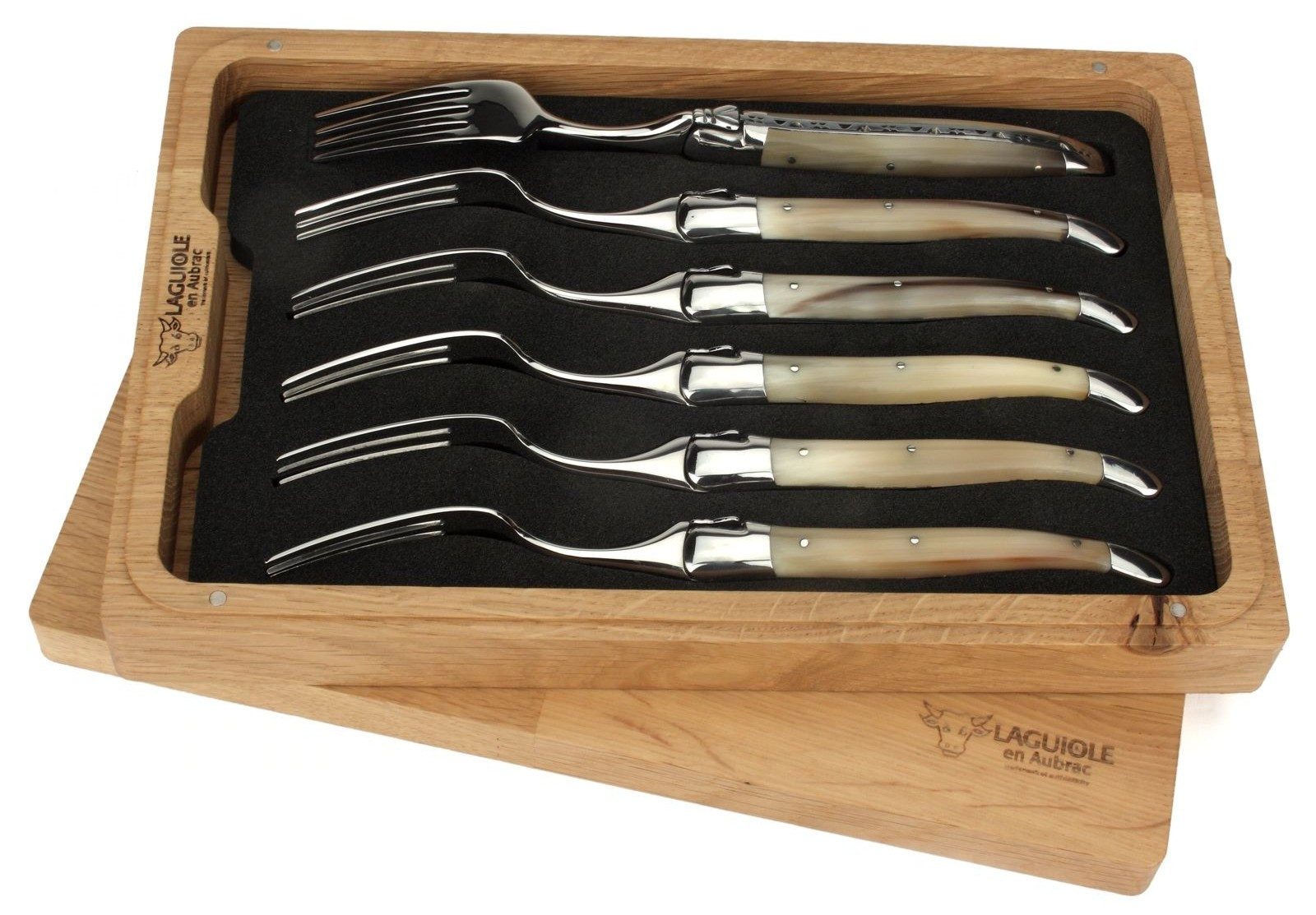 Laguiole en Aubrac Steakbesteck 62F99PCIF-N, 6 Gabeln - Griff Hornspitze - Backen und Gabelteil Stahl glänzend