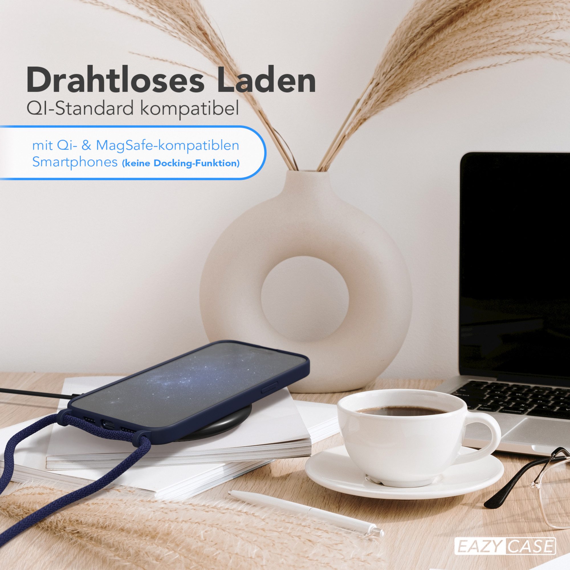 EAZY CASE Handykette Runde Kette für Apple iPhone 15 Pro Max 6,7 Zoll, Handytasche durchsichtige Silikon Hülle mit breitem Umhängeband Blau