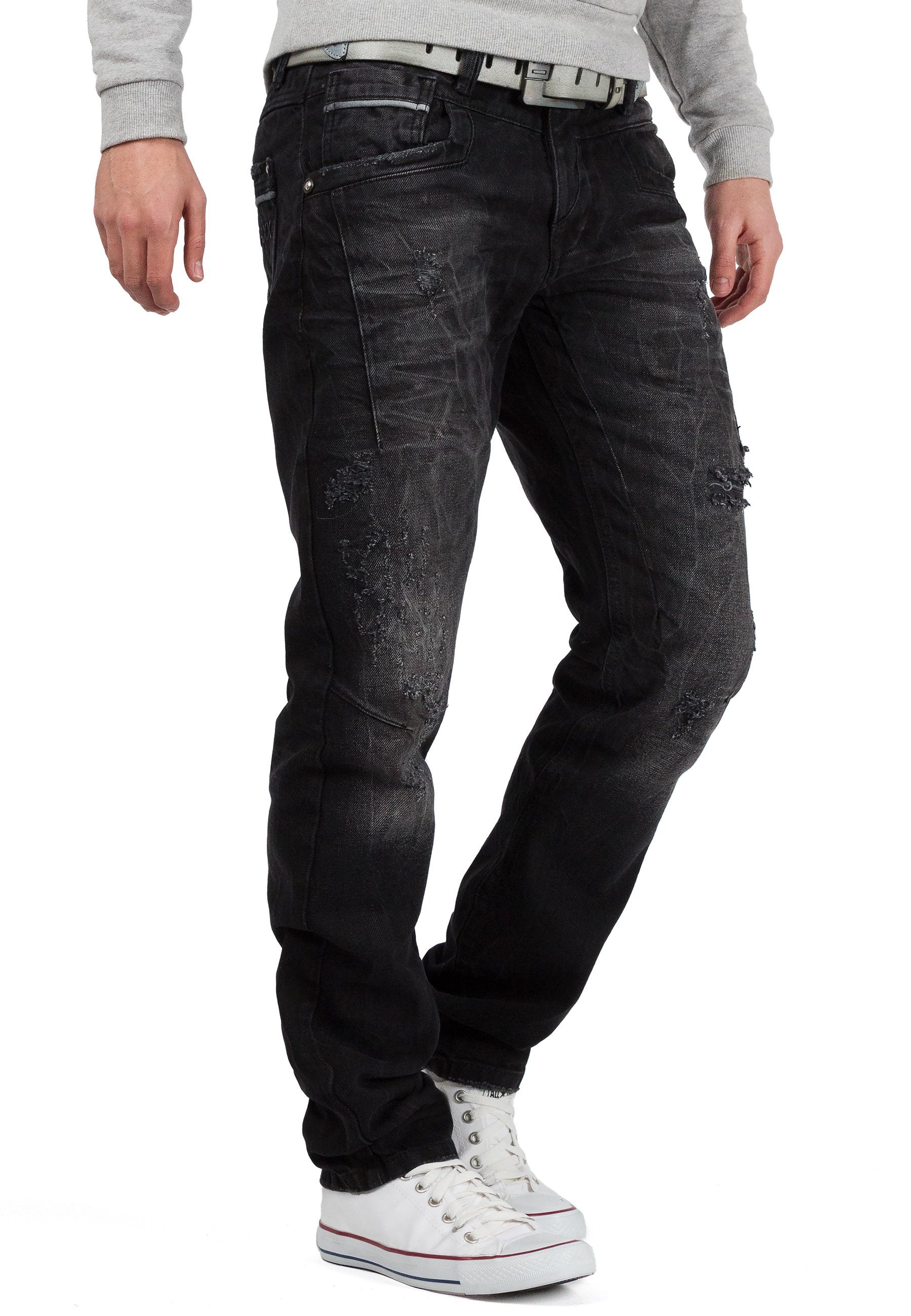 Cipo & Baxx Regular-fit-Jeans Herren Regular Fit Hose Stonewashed BA-CD104 (1-tlg) Destroyed-Look mit verstärkten Löchern und Used-Look