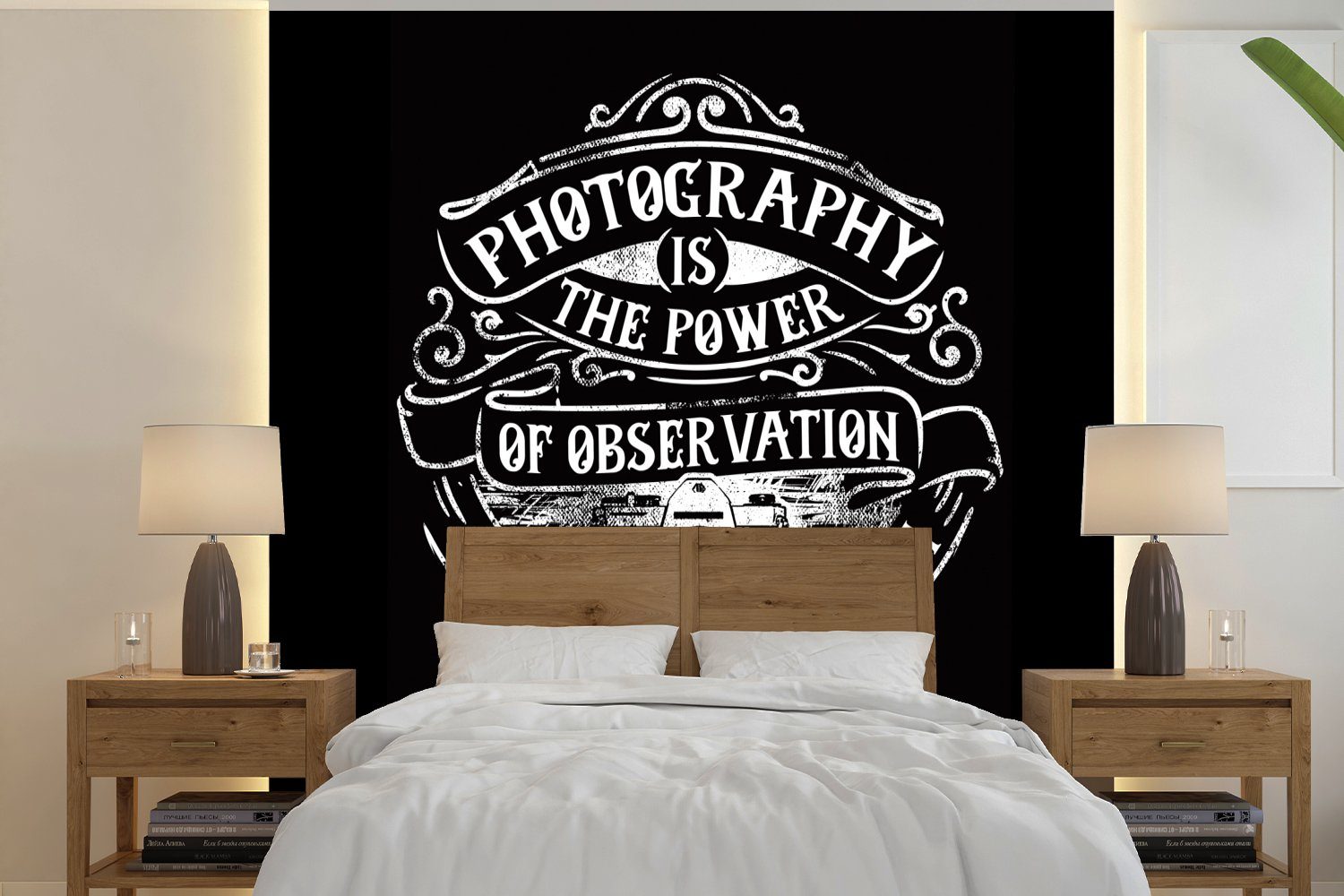 MuchoWow Fototapete Kamera - Retro - Zitat - Schwarz - Weiß, Matt, bedruckt, (5 St), Vinyl Tapete für Wohnzimmer oder Schlafzimmer, Wandtapete