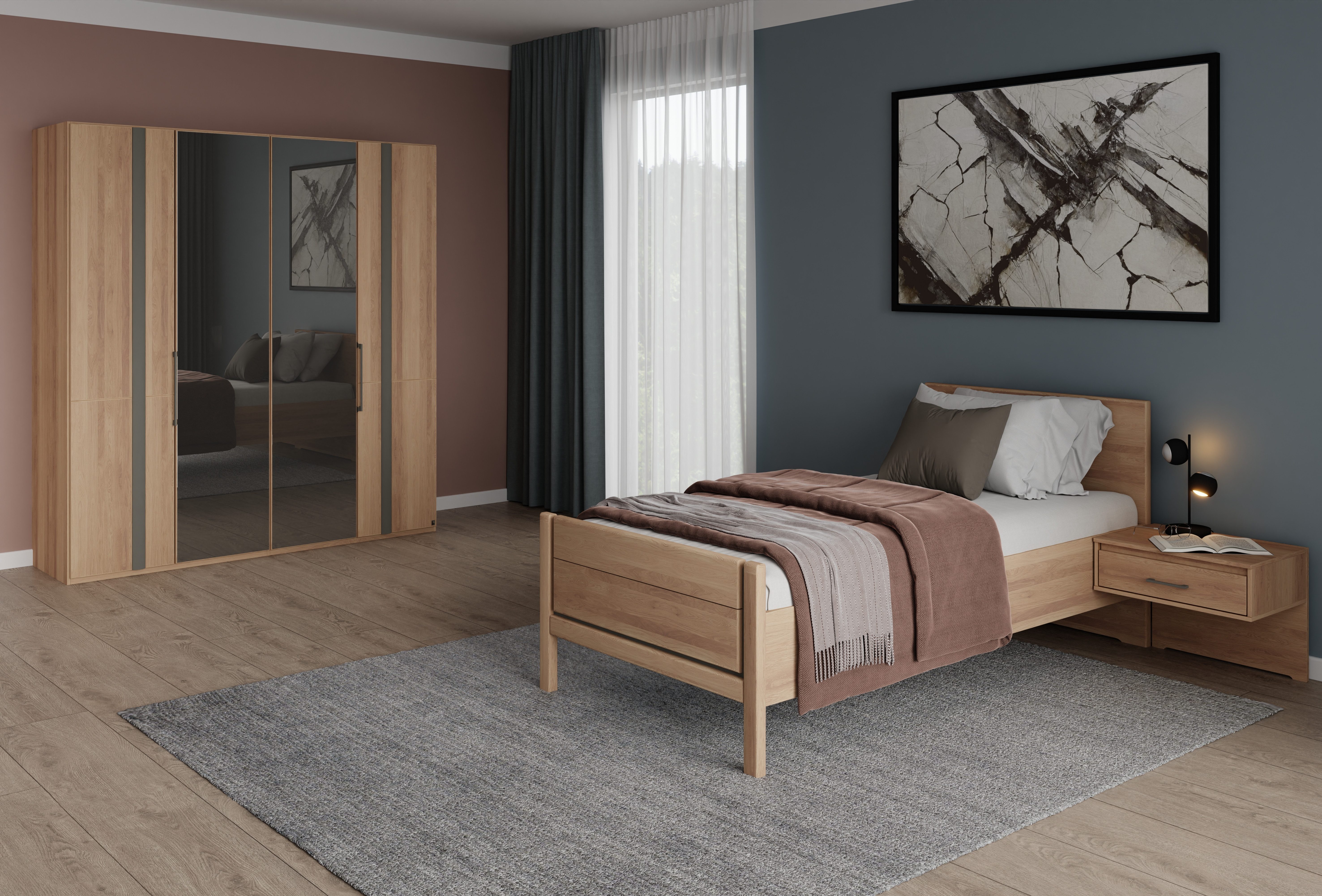 Musterring Schlafzimmer-Set Sorrent, Kleiderschrank, Bett & Nachtkommoden, teilmassiv Eiche, (2er-Set Nachtschränke, Drehtürenschrank 200 cm, Bett 100x200 cm), mit Dreh- und Falttüren, Schrankbreite 200cm, Bett mit Stollfuß