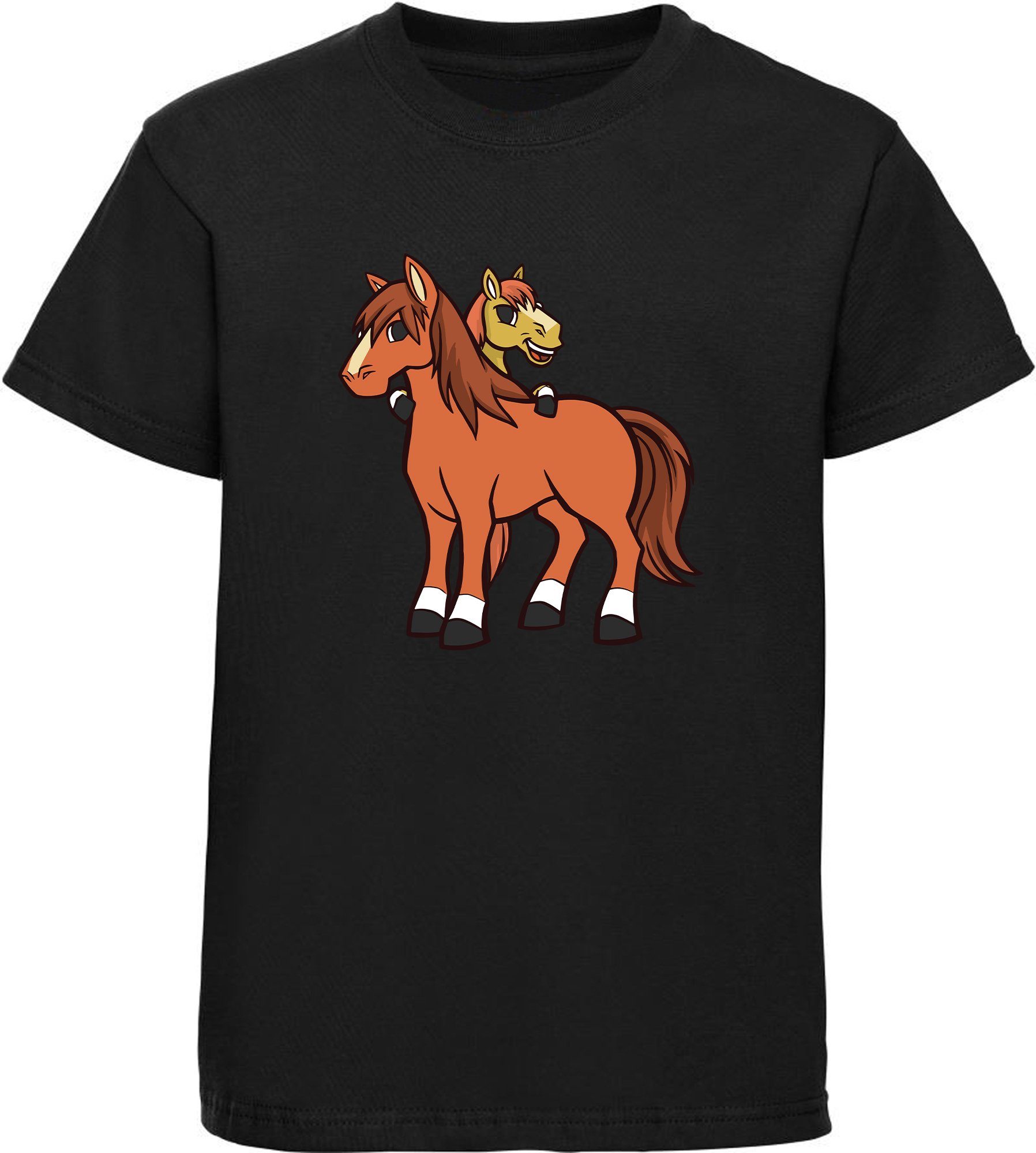MyDesign24 T-Shirt Kinder Pferde Print Shirt bedruckt - 2 cartoon Pferde Baumwollshirt mit Aufdruck, i251 schwarz