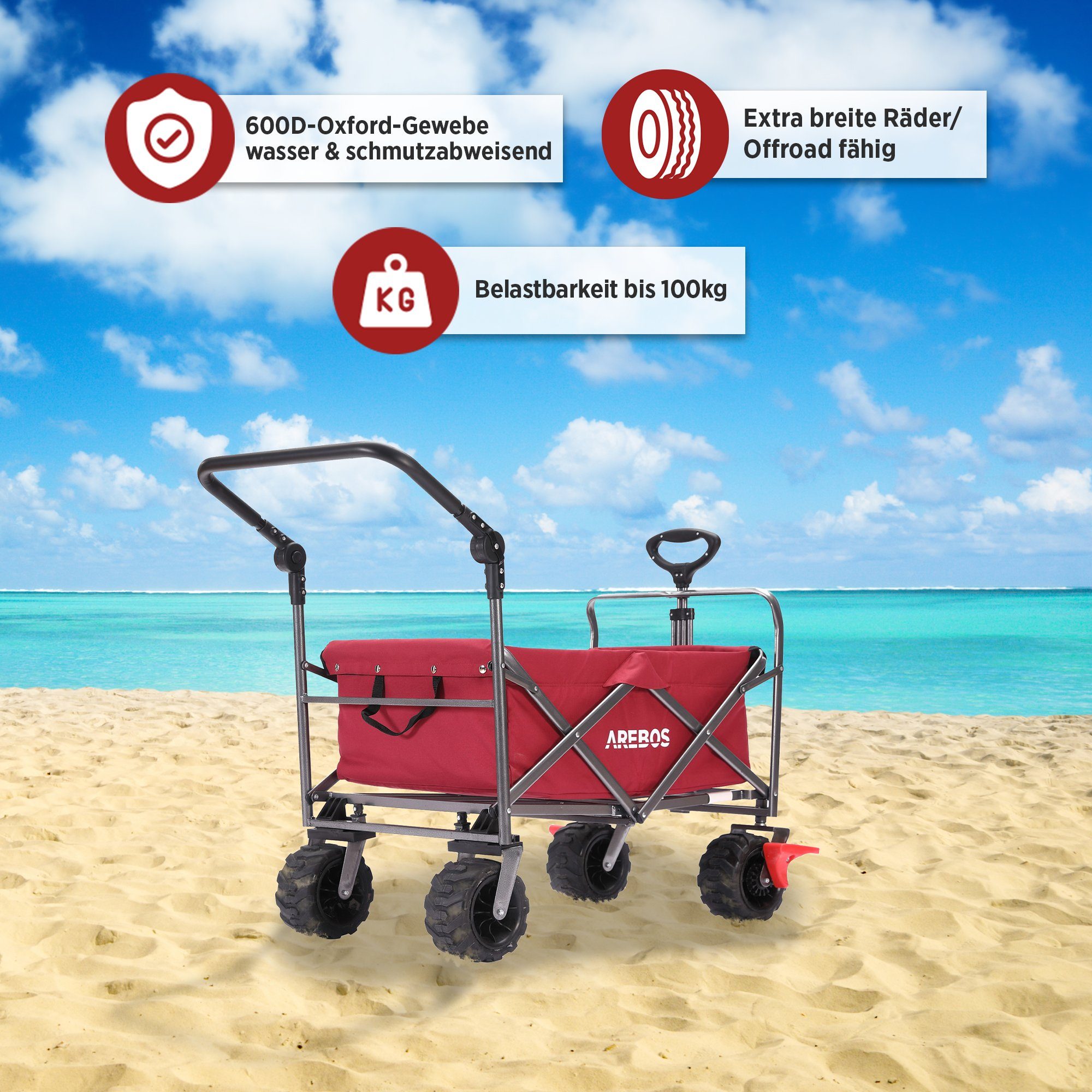 Arebos Bollerwagen Faltbarer Handwagen mit Dach – Transportkarre für Garten & Freizeit, PU-Räder und verstellbaren Griff – Bild 4 von 5