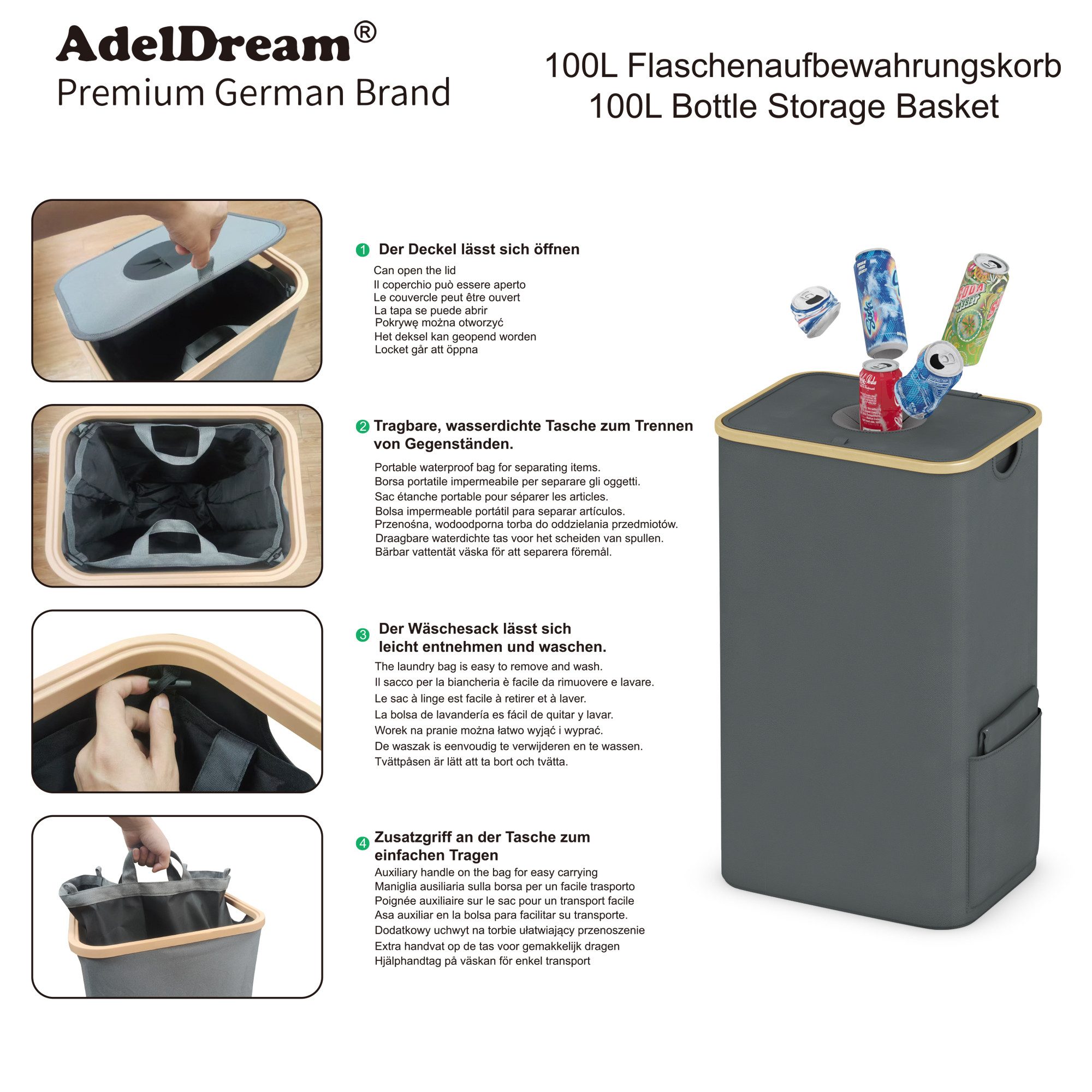 AdelDream Kehrgutsammelbehälter 100L Pfandflaschen Sammelbehälter Groß Pfandflaschen Aufbewahrung – Bild 5 von 5