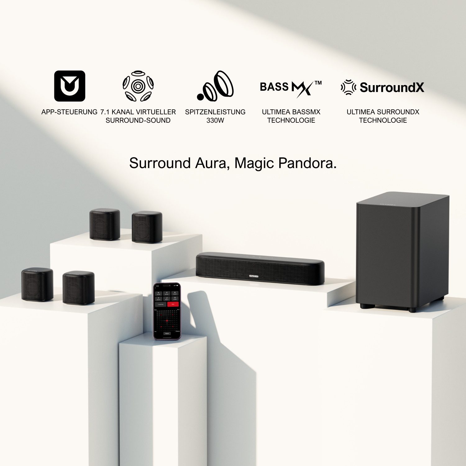 Ultimea 7.1 Soundsystem 7.1-Kanal Virtual Surround Soundbar (Bluetooth, 330 W, Soundbar für TV Geräte mit App Steuerung)