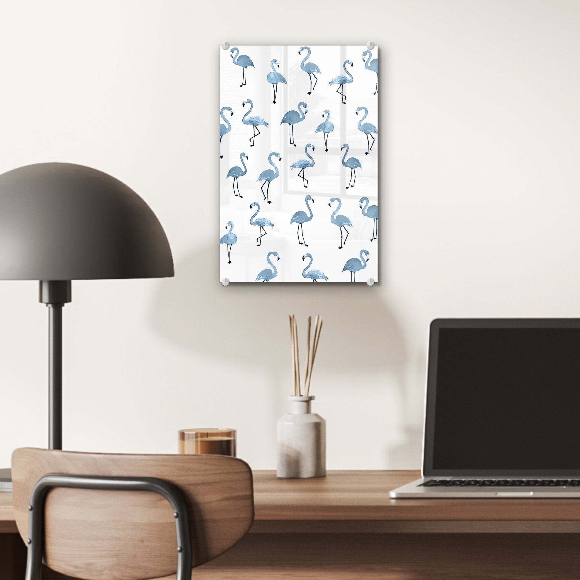 (1 Flamingo MuchoWow Glas Wanddekoration Muster, - Glas Wandbild Foto Glasbilder bunt auf St), - - Bilder Blau - - auf Acrylglasbild