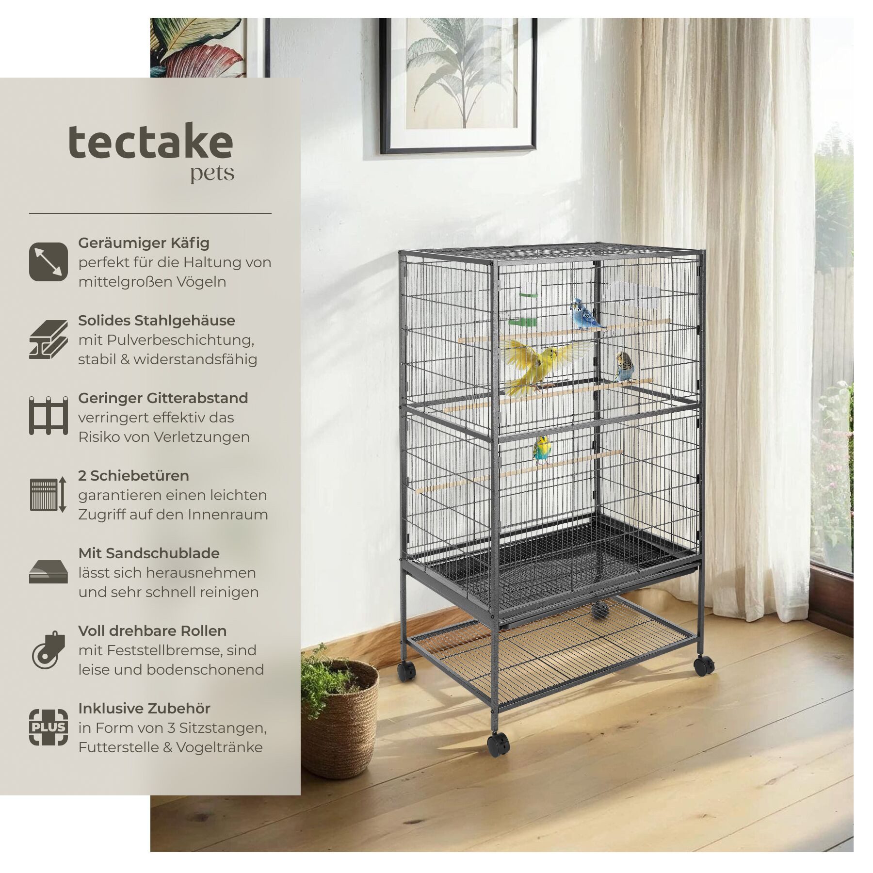 tectake Vogelkäfig Vogelhaus mit feststellbaren Rollen, 3 Sitzstangen, 78 x 52 x 131 cm, 2 Schiebeöffnungen, Inkl. Schublade, Futterstelle und Wasserspender