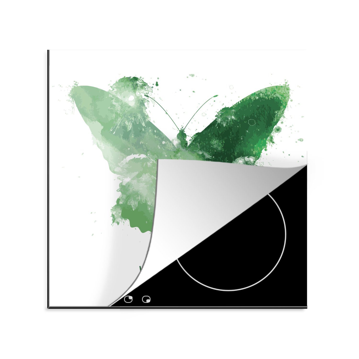 MuchoWow Herdblende-/Abdeckplatte Eine Illustration eines grünen Schmetterlings, Vinyl, (1 tlg), 78x78 cm, Ceranfeldabdeckung, Arbeitsplatte für küche