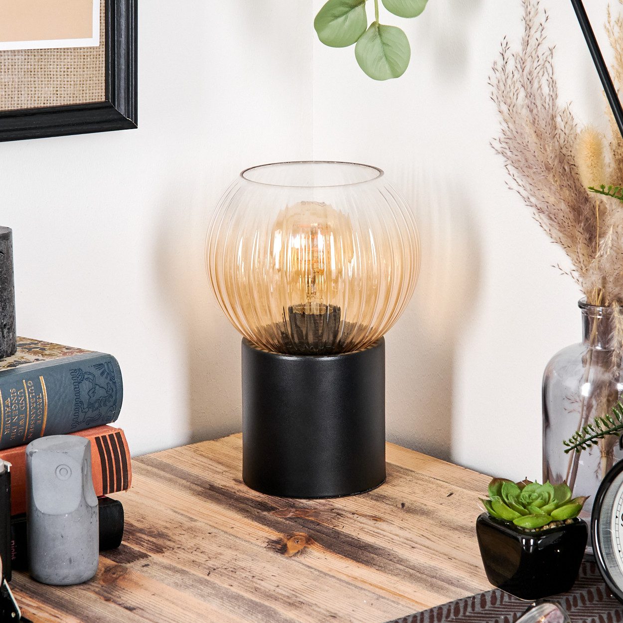 hofstein Tischleuchte Tischlampe aus Metall/Riffelglas in Schwarz/Bernsteinfarben/Klar, ohne Leuchtmittel, Leuchte im Retro/Vintage-Design mit Glasschirm (15 cm), 1 x E14