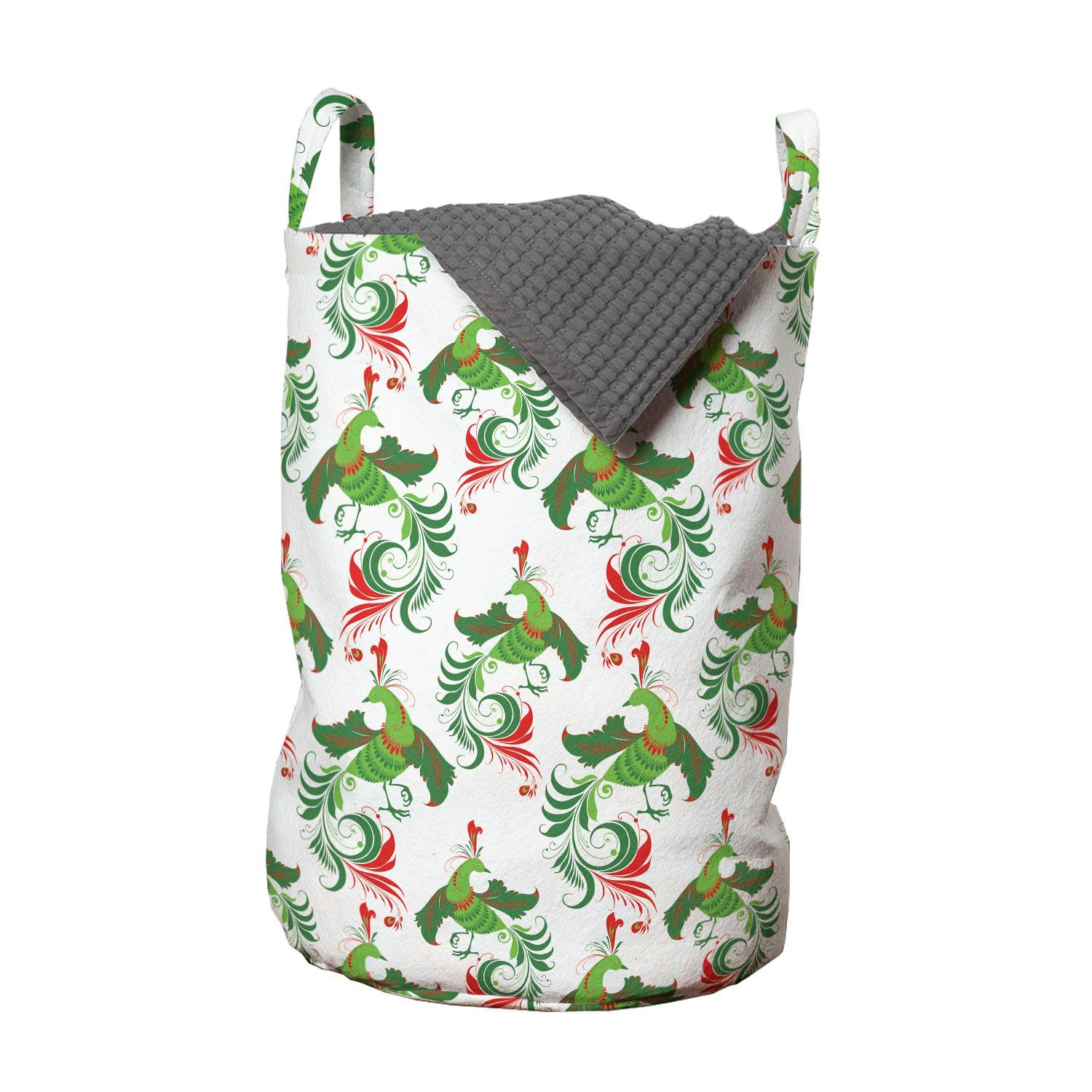 Abakuhaus Wäschesäckchen Wäschekorb mit Griffen Kordelzugverschluss für Waschsalons, Grünes Weihnachten Folk Vögel Illustration | Wäschesäcke