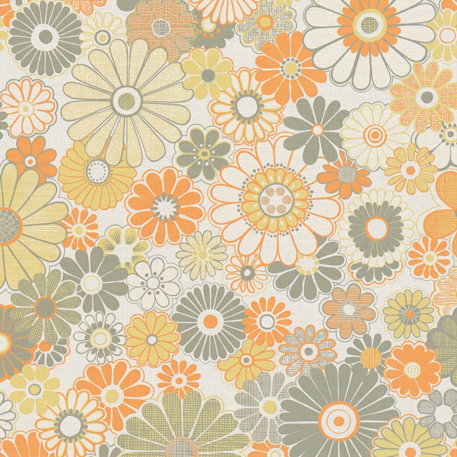 Profhome Vliestapete 395353-GU Retro Tapete Blumen matt grün orange-gelb creme-weiß, geprägt, (1 Rolle, 4,51 qm), heißgeprägte Vliestapete, grün