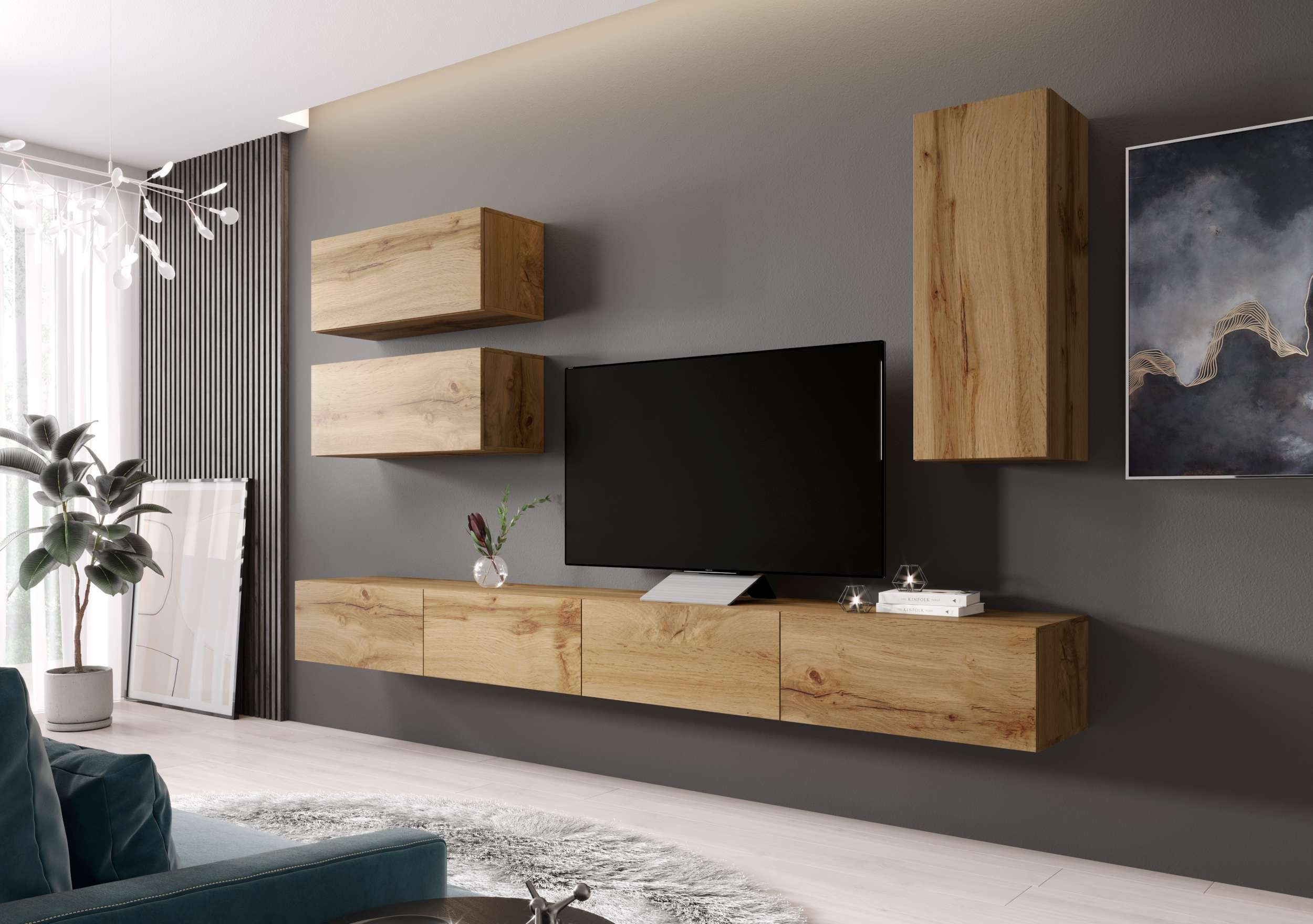 Wohnmöbel, Design, 3xHängeschrank, Wotan variabel und Wohnzimmer-Set), mit Wohnwand hängbar bestehend 3xLowboard Vago Stylefy IV Modern Eiche, ONE (Set Push-to-Open, aus (6-St),