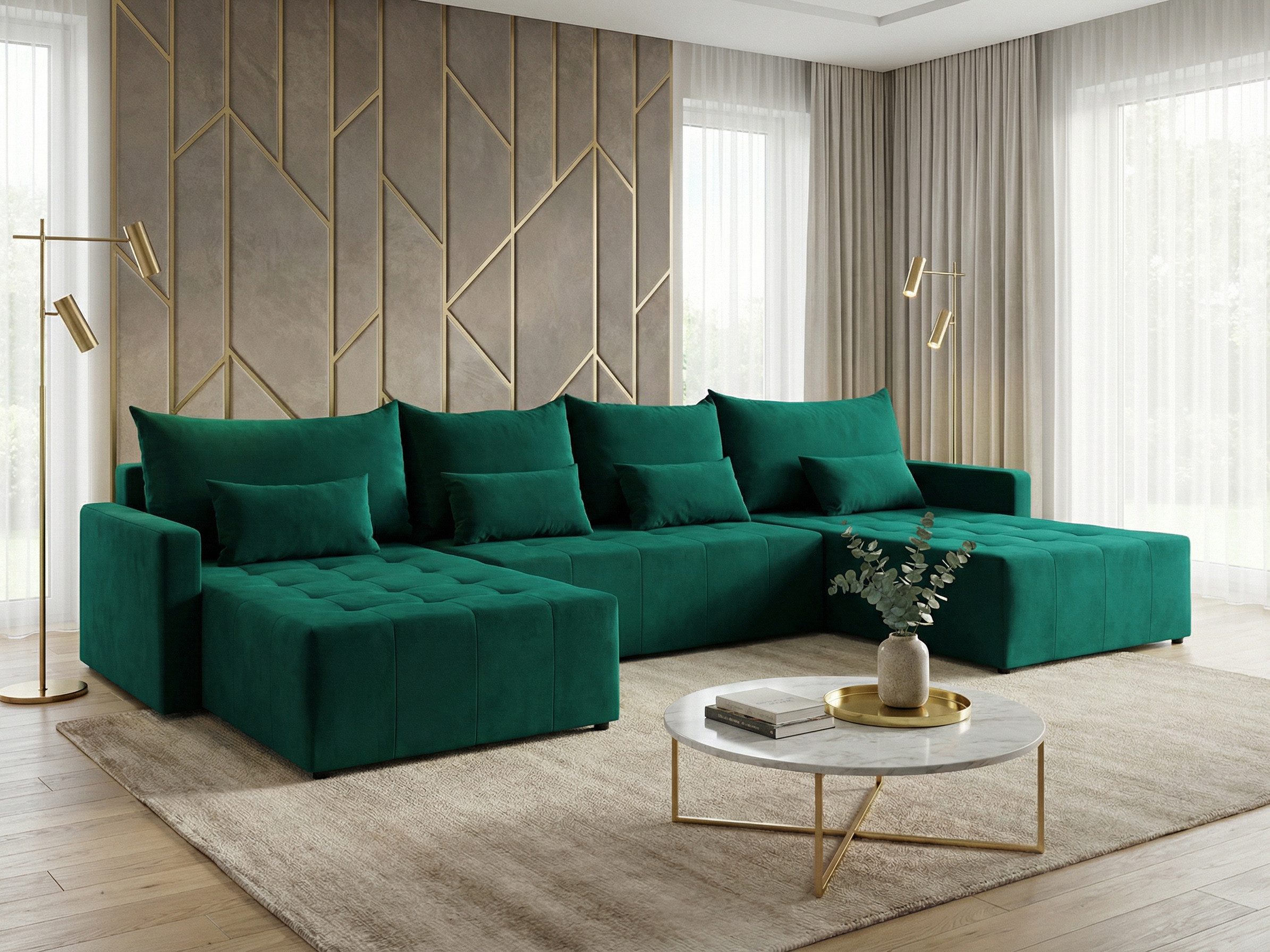 Beautysofa Ecksofa Bono U-Form Sofa mit Schlaffunktion und Bettkasten, modernes Wohnzimmer-Sofa, Samtstoff in Flaschengrün, Liegefläche 130 x 344 cm