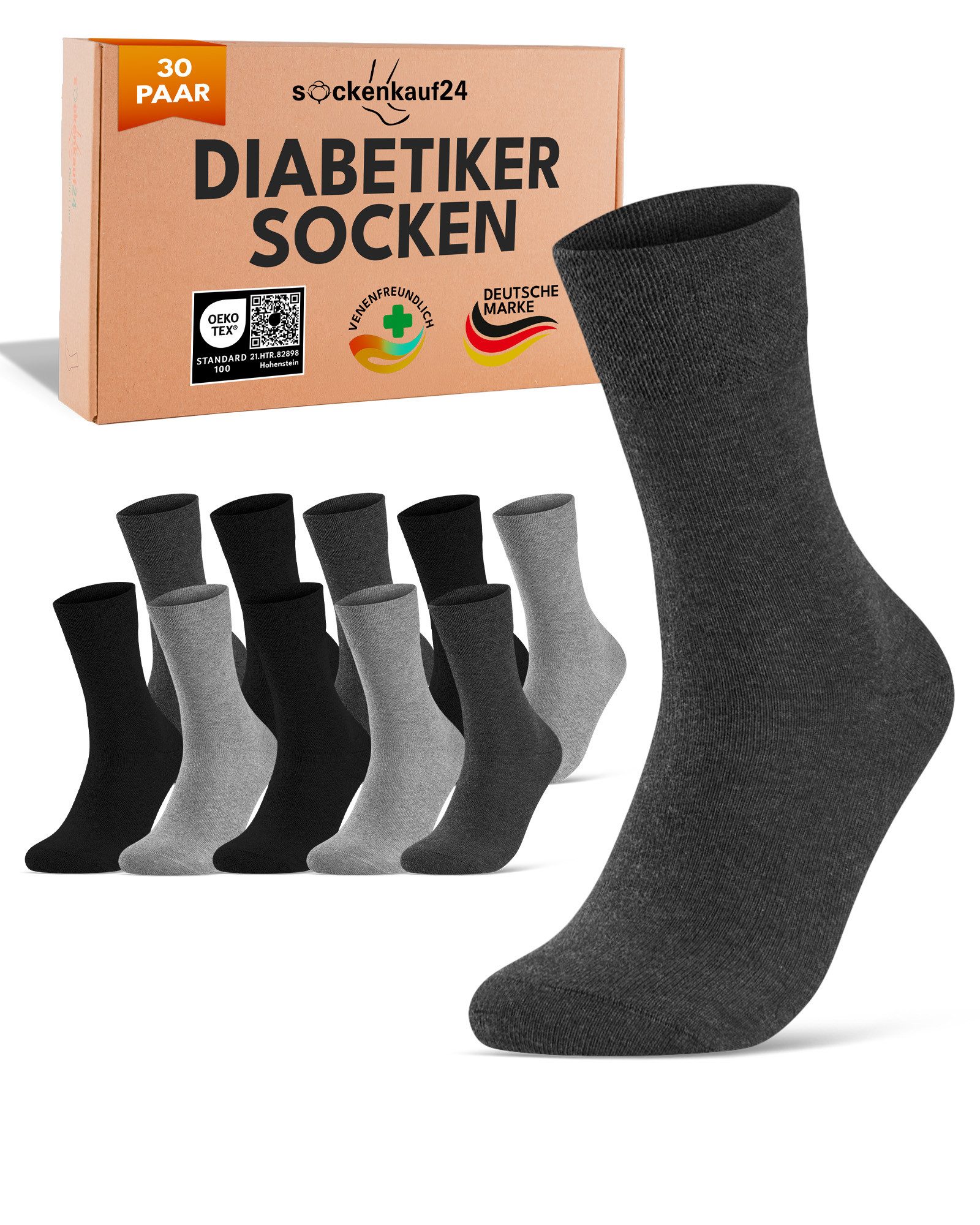 sockenkauf24 Diabetikersocken ohne Gummibund & ohne Naht aus Baumwolle (30-Paar) Diabetiker Socken mit Komfortbund ohne Gummi für Damen & Herren