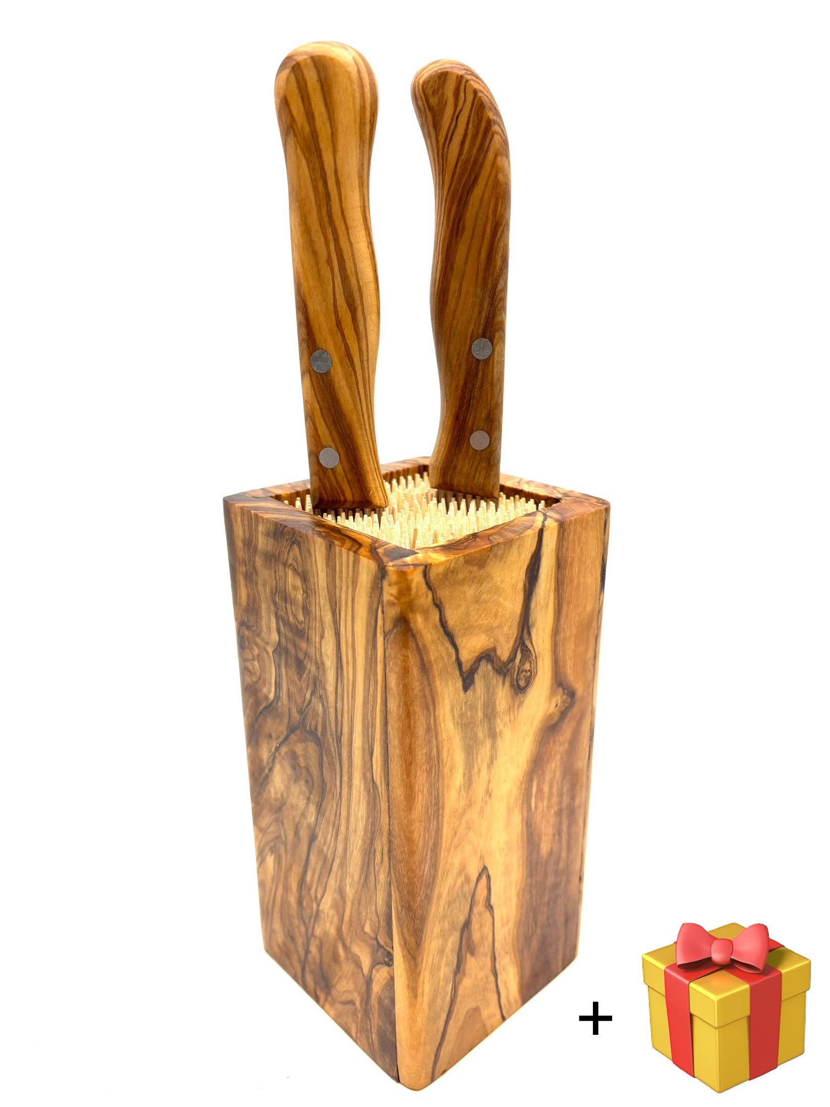 Olivenholz-erleben Messerblock DESIGN eckig, aus Olivenholz (1tlg), Flexible Holzspieße für sichere und schonende Messeraufbewahrung