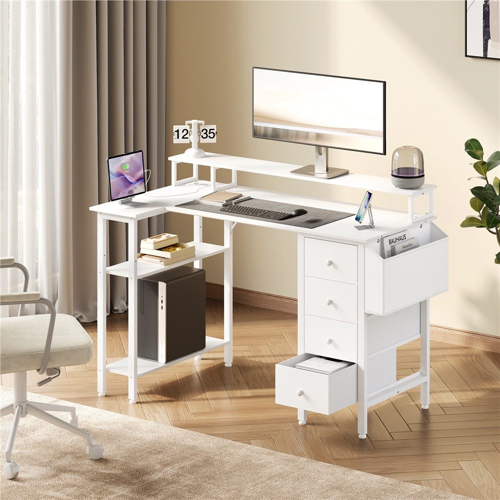 Yaheetech Schreibtisch L-förmiger Computertisch 120/140cm (B), mit Monitorhalterung & Steckdose & 4 Schubladen & Aufbewahrungstasche