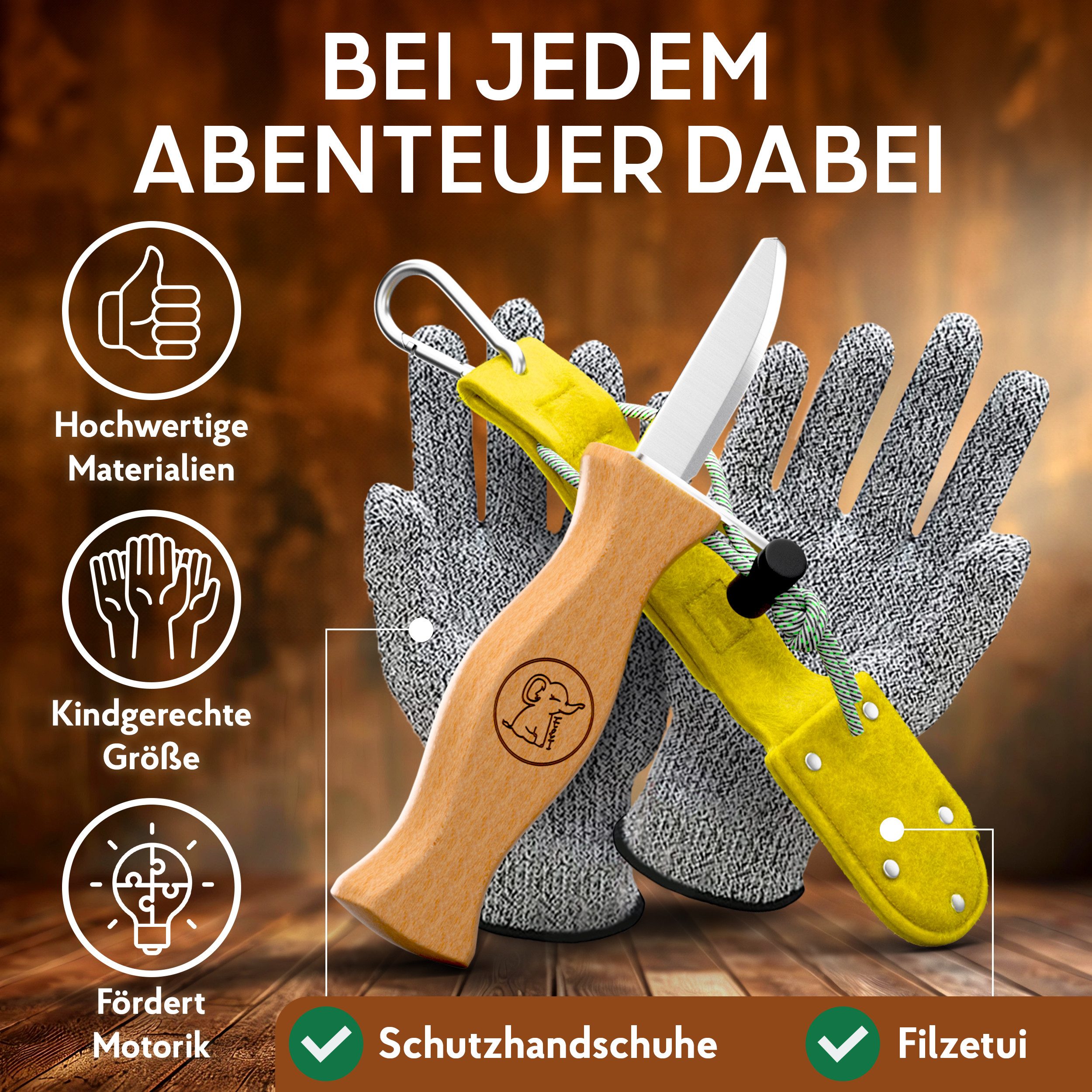 Eli Taschenmesser Schnitzmesser Kinder - Kindermesser mit Filztasche Kindertaschenmesser, (Schnitzwerkzeug - Outdoor Messer, 3 St., Kinderschnitzmesser - Griffe aus Buchenholz), inkl. schnittfeste Handschuhe - Beidhändig - rostfreier Stahl