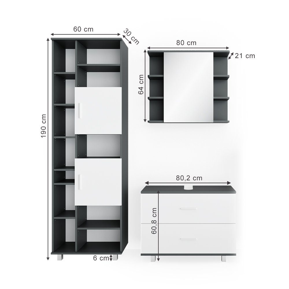 Vicco Badmöbel-Set Ilias, Anthrazit/Weiß, 3 Teile, mit Hochschrank, (3-er Set, 3-St., 3er Set)