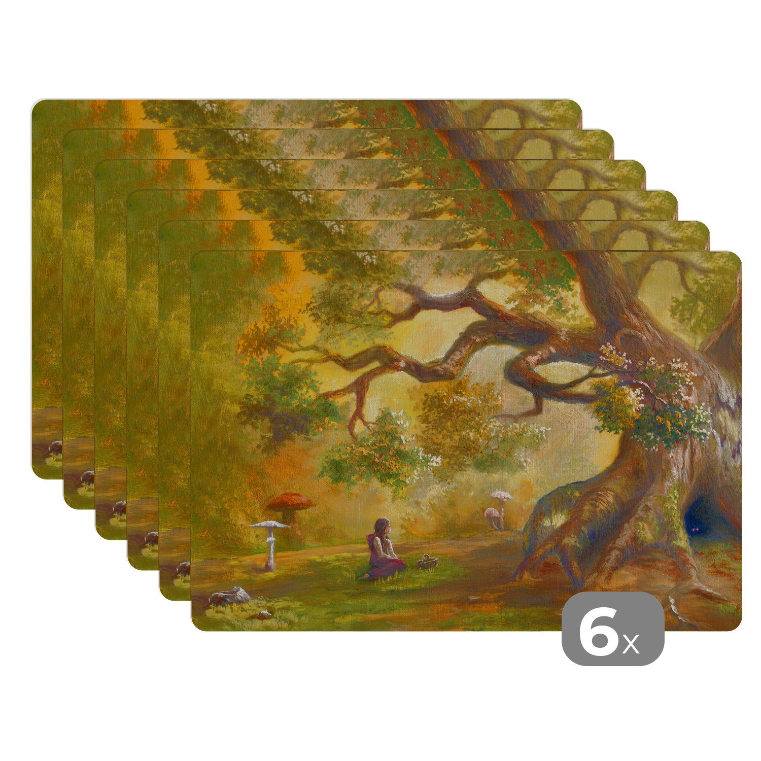 Platzset, Eine Illustration einer Person im Wald, MuchoWow, (6-St), Platzset, Platzdecken, Platzmatte, Tischmatten, Schmutzabweisend