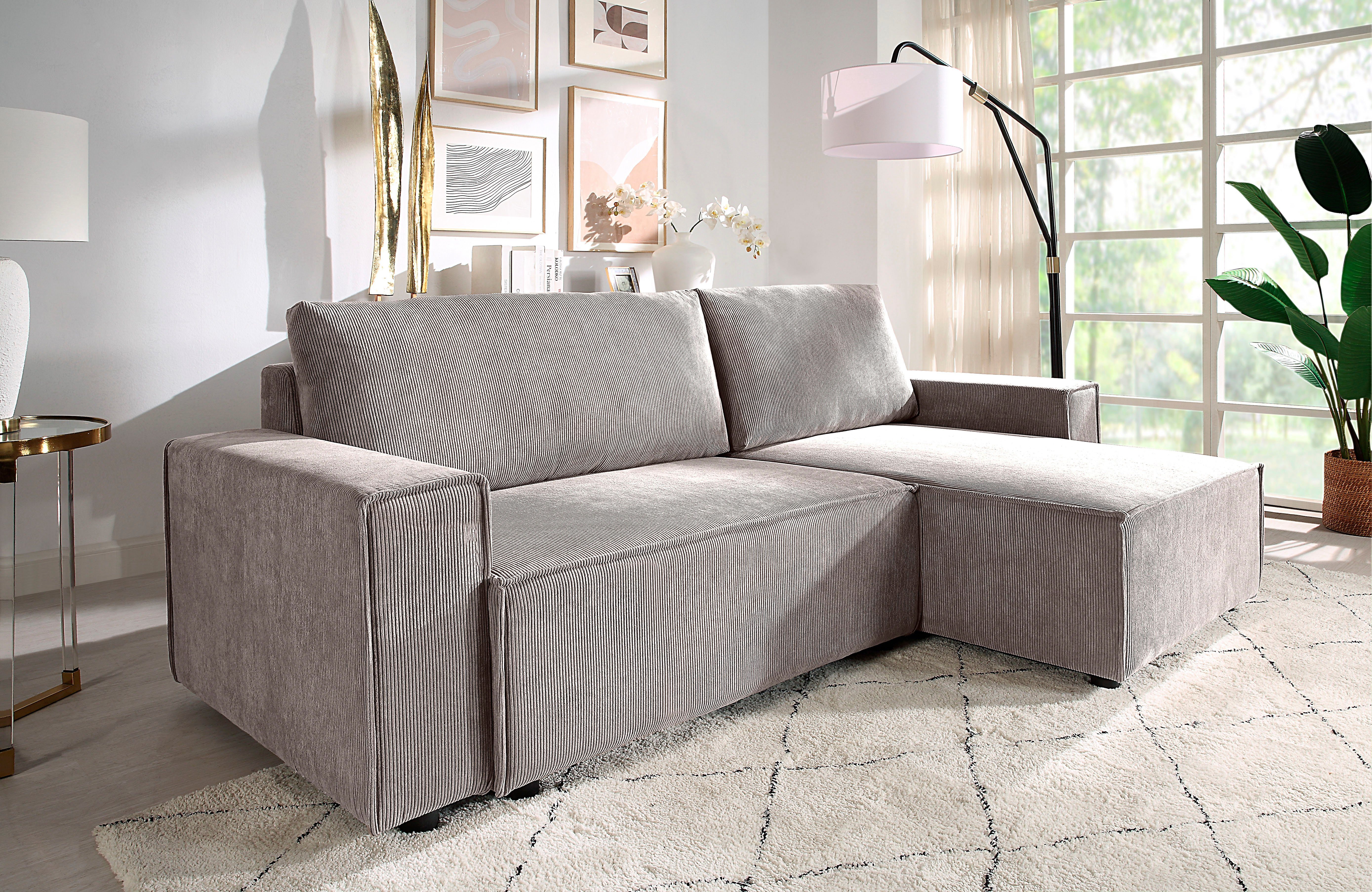 oder ATLANTIC home rechts links Bettkasten collection Norman, und mit Cordbezug, Recamiere montierbar Schlafsofa